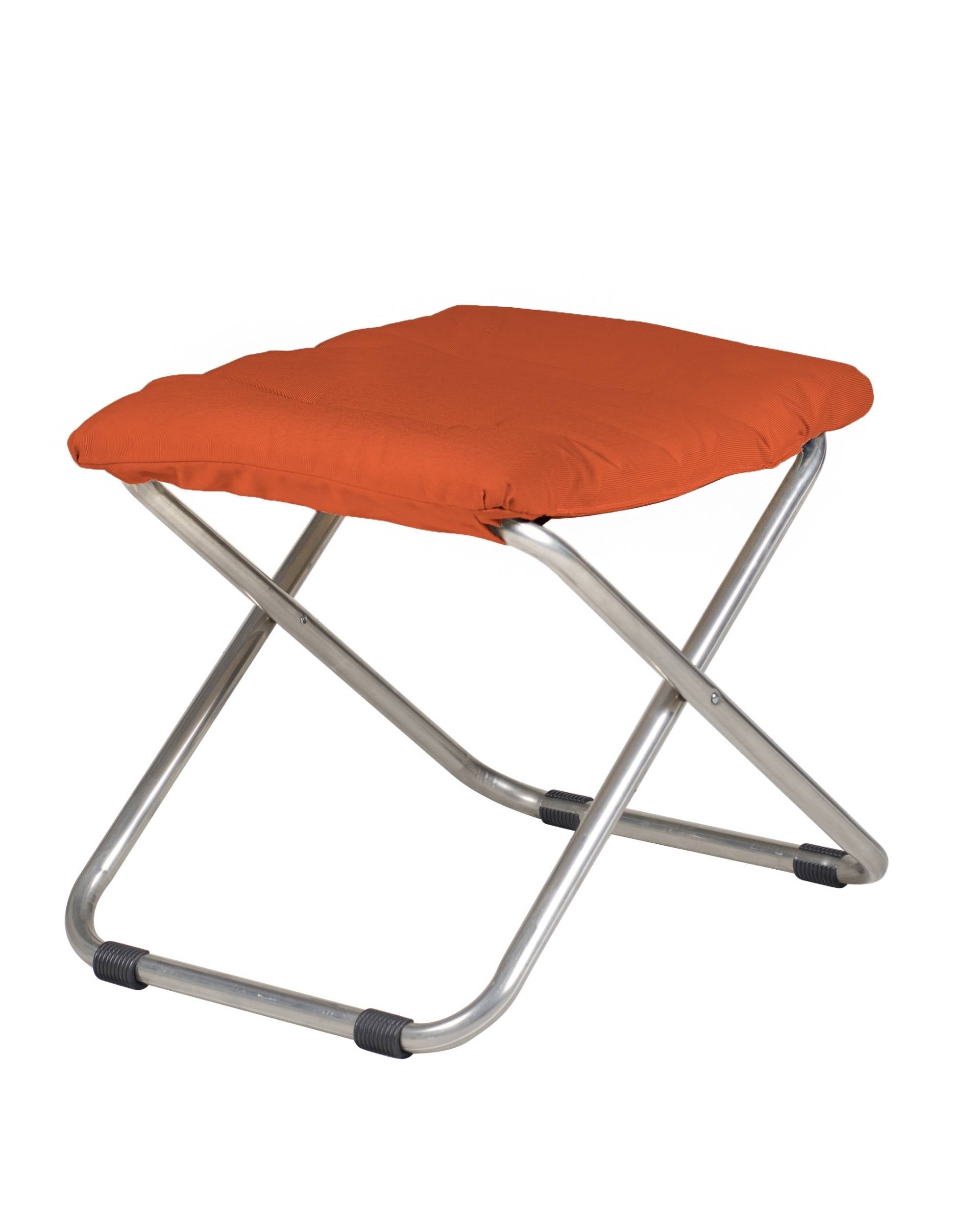 FIAM Chico Soft fotskammel i lett aluminium med oransje stoffpute, fra siden.