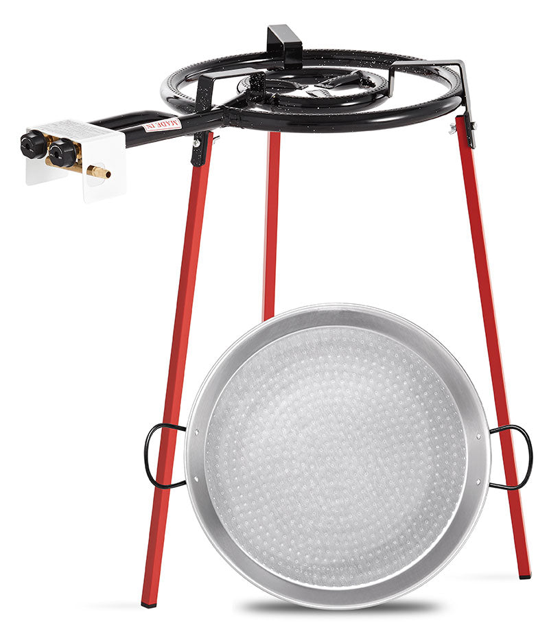 Vaello paellasett med svart gassbrenner, rød metallramme og en stor sølvfarget emaljert paellapanne
