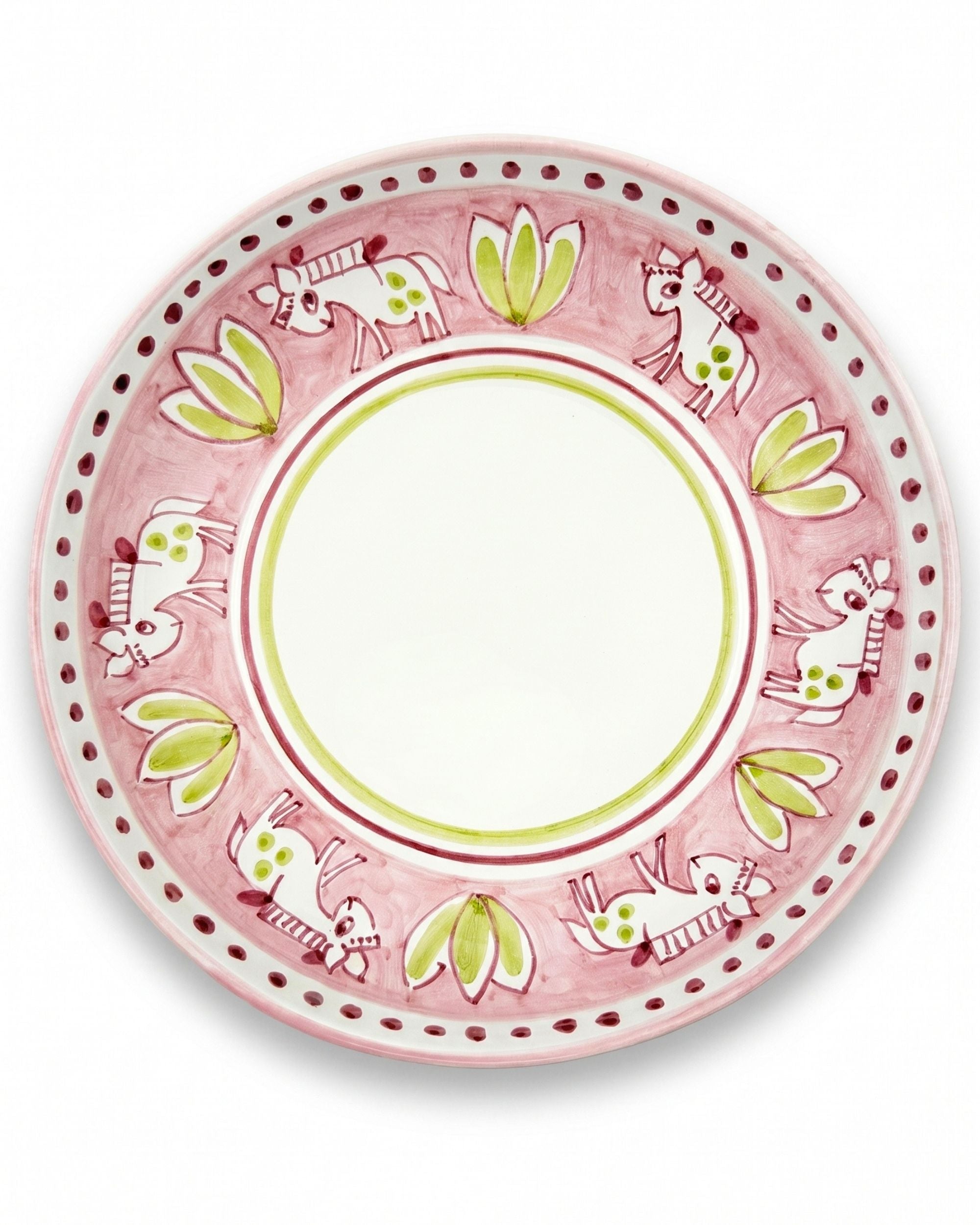 Dipinto Amalfi bolle med håndmalt rosa, grønn og mørk rød dekor av stiliserte dyr og blomster