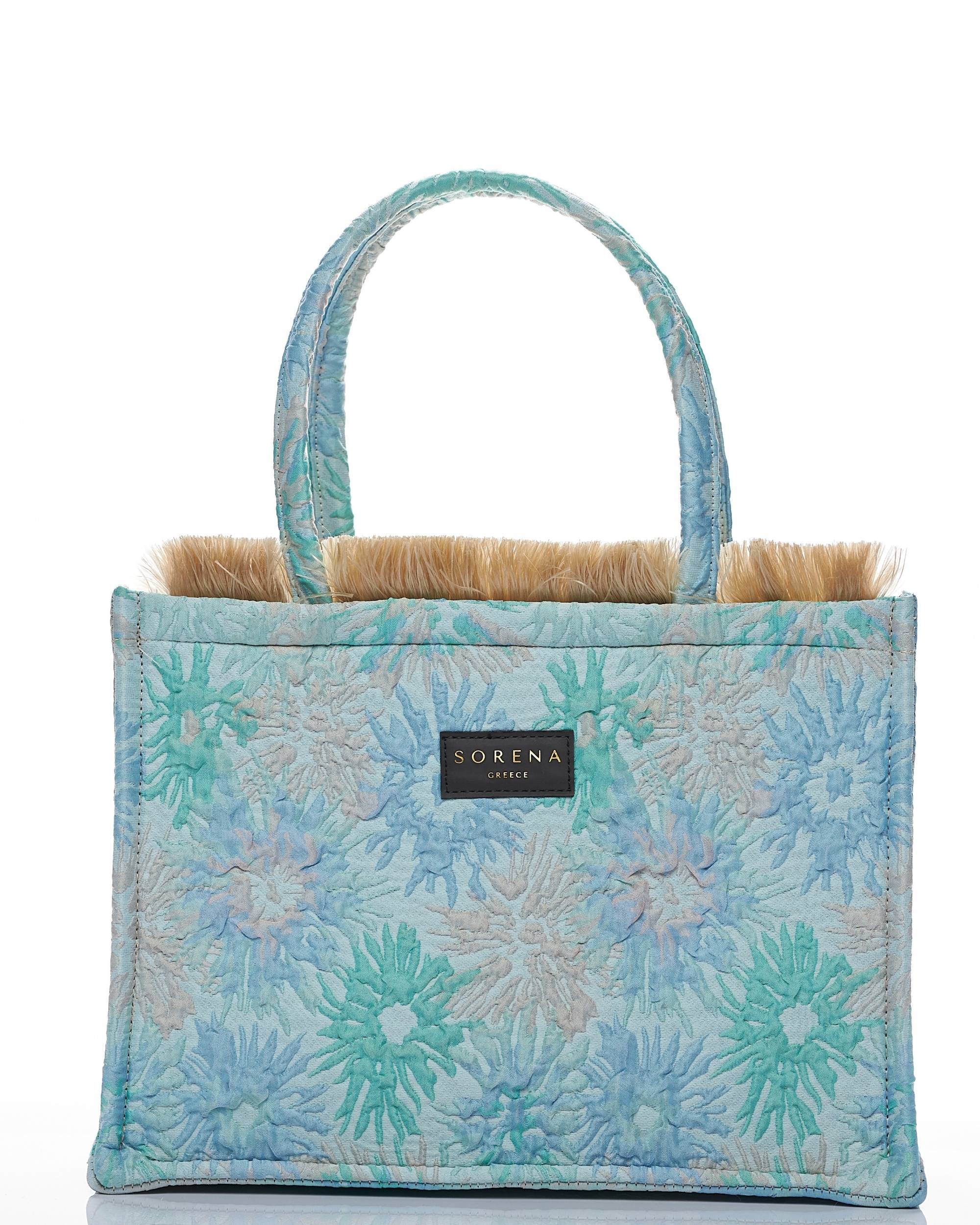Sorena Coral Medium Tote Bag, vevd stoff med lyseblått og turkis korallmønster, beige frynser, skinnetikett