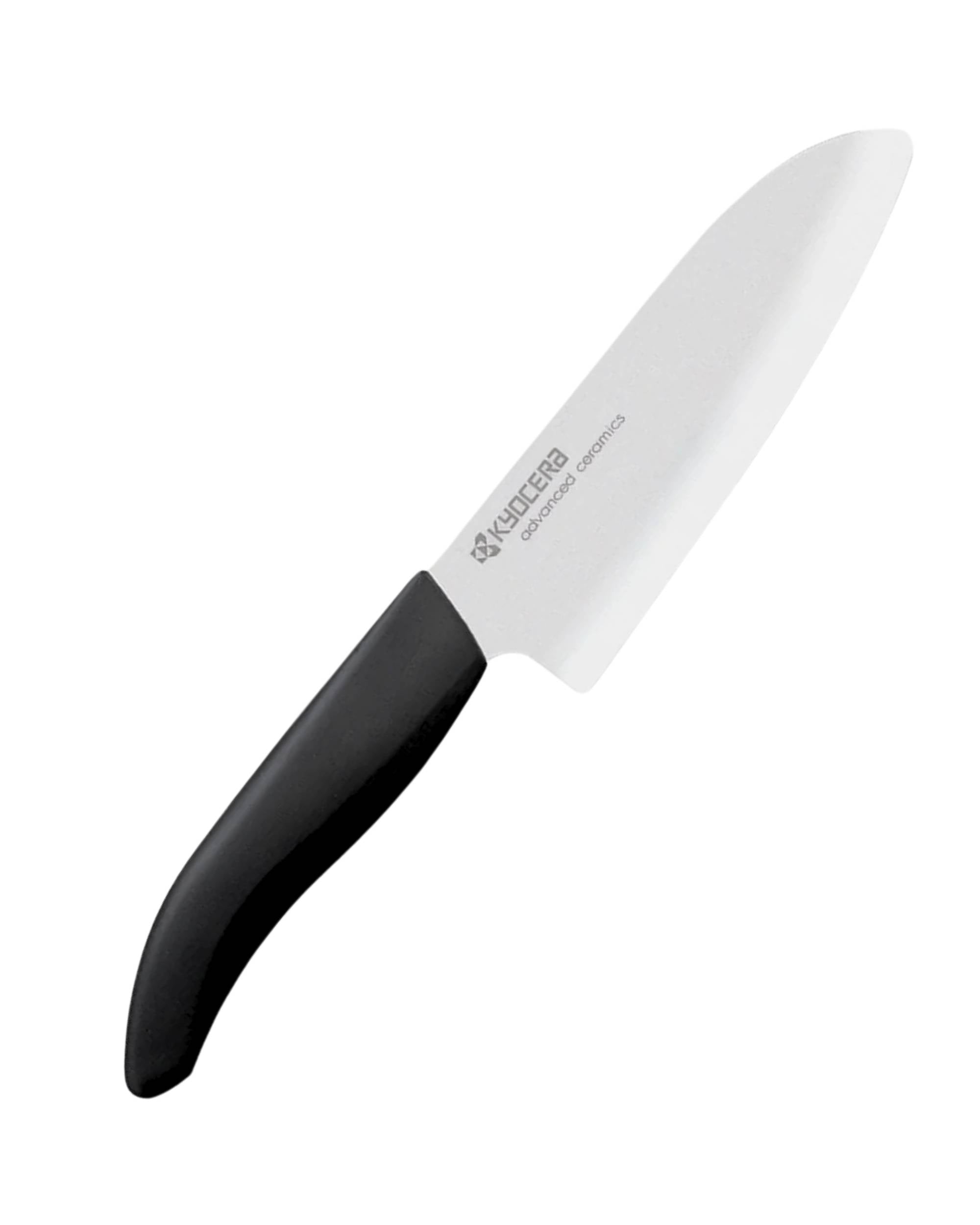 Kyocera BIO keramisk kokkekniv med hvitt blad og sort håndtak, sett fra siden på hvit bakgrunn