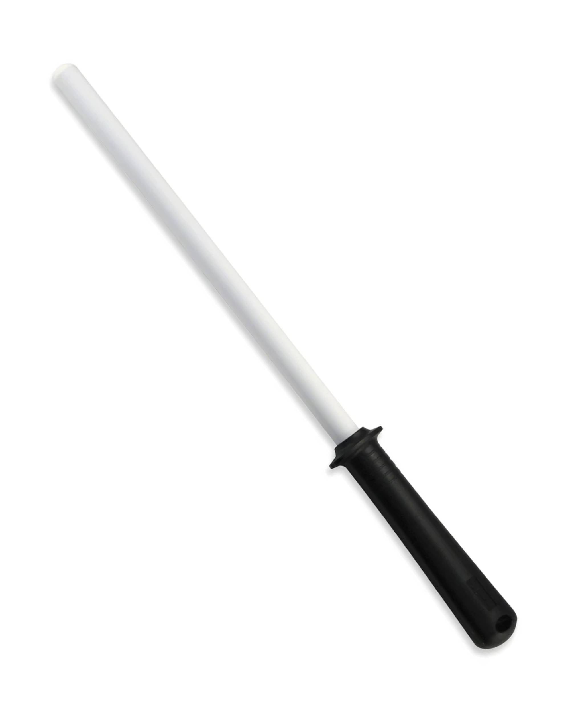 Kyocera keramisk bryne for stålkniver, hvit stang med svart, riflet håndtak, ren bakgrunn, diagonalt