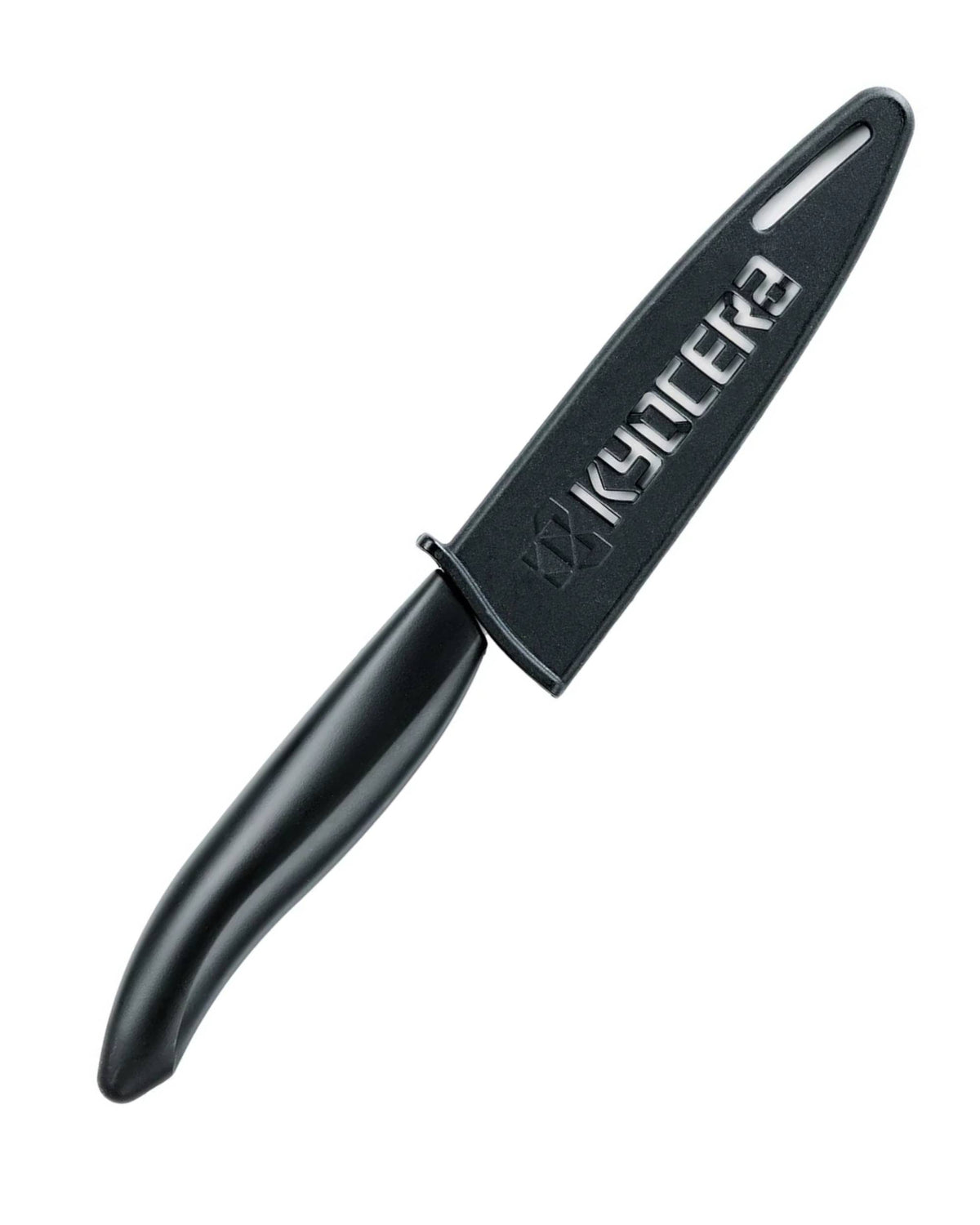 Kyocera knivbeskytter i svart hard plast, matt overflate, med utstanset Kyocera-logo