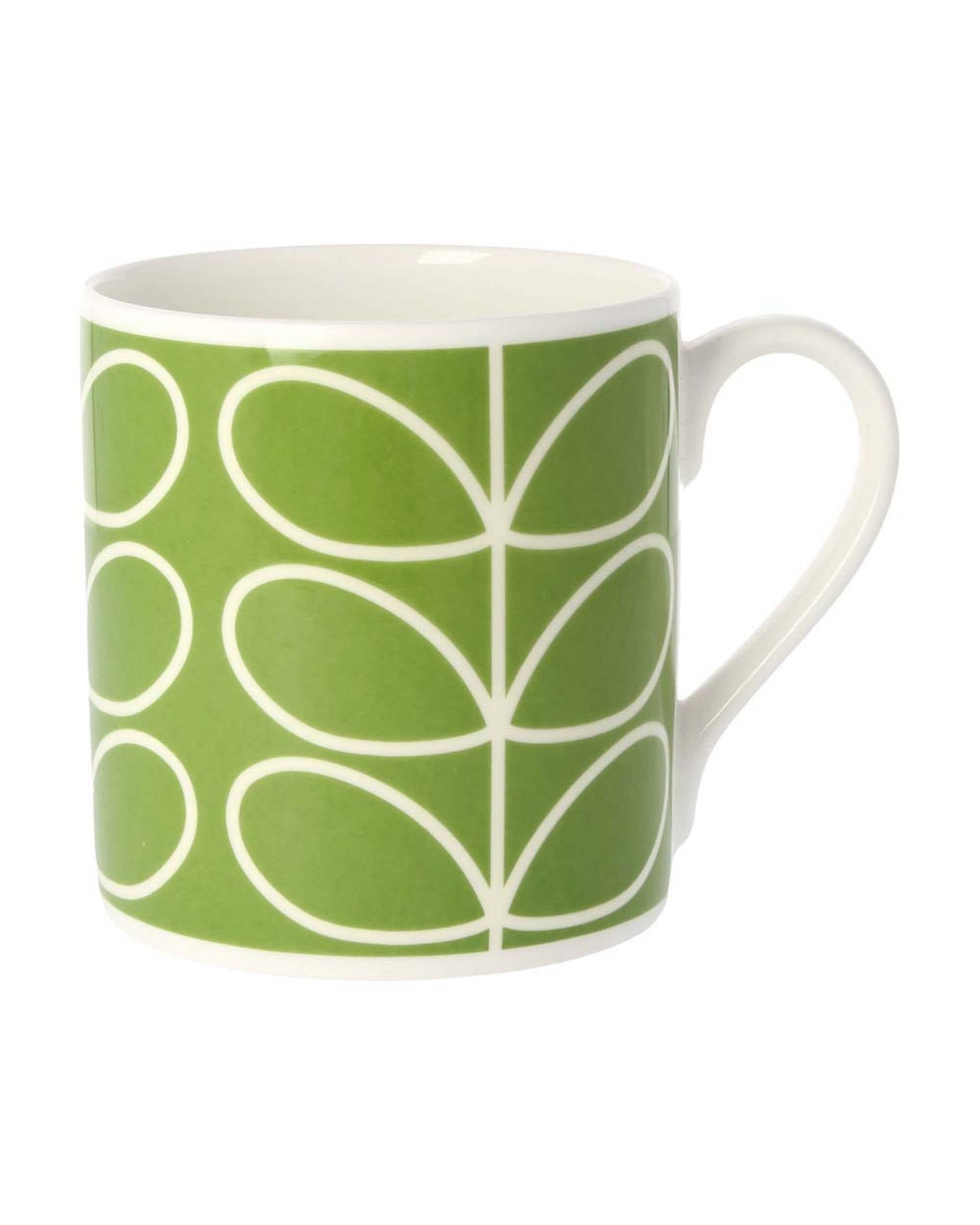 Orla Kiely Linear Stem Green kopp i hvitt porselen med grønt bladmønster, hanken er hvit