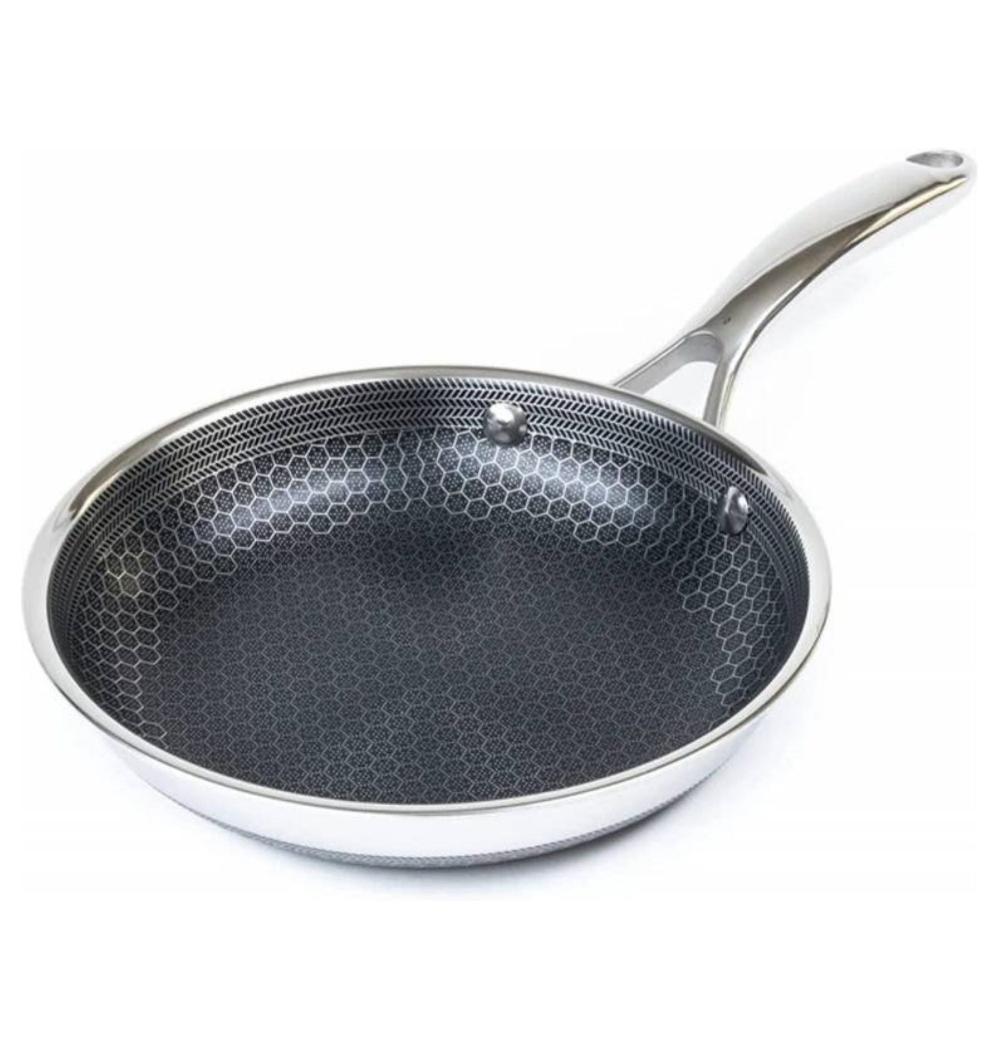 Hexclad stekepanne, 20 cm, i blankt stål med mørk sekskantet non-stick-belegg og et ergonomisk håndtak.