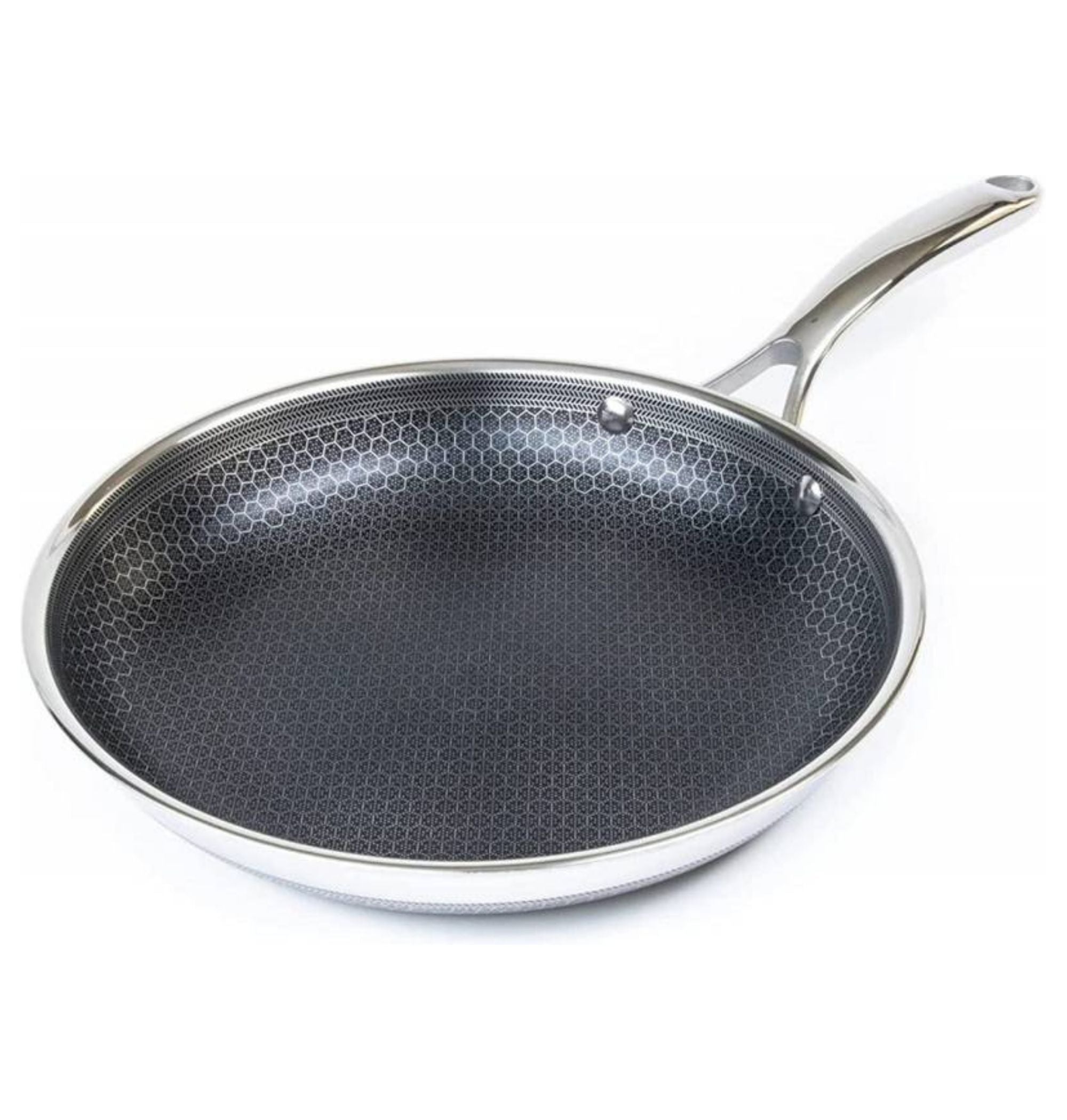 Hexclad stekepanne 26cm, sølvfarget stål med innside i mørk grå honeycomb non-stick mønster, skinnende håndtak