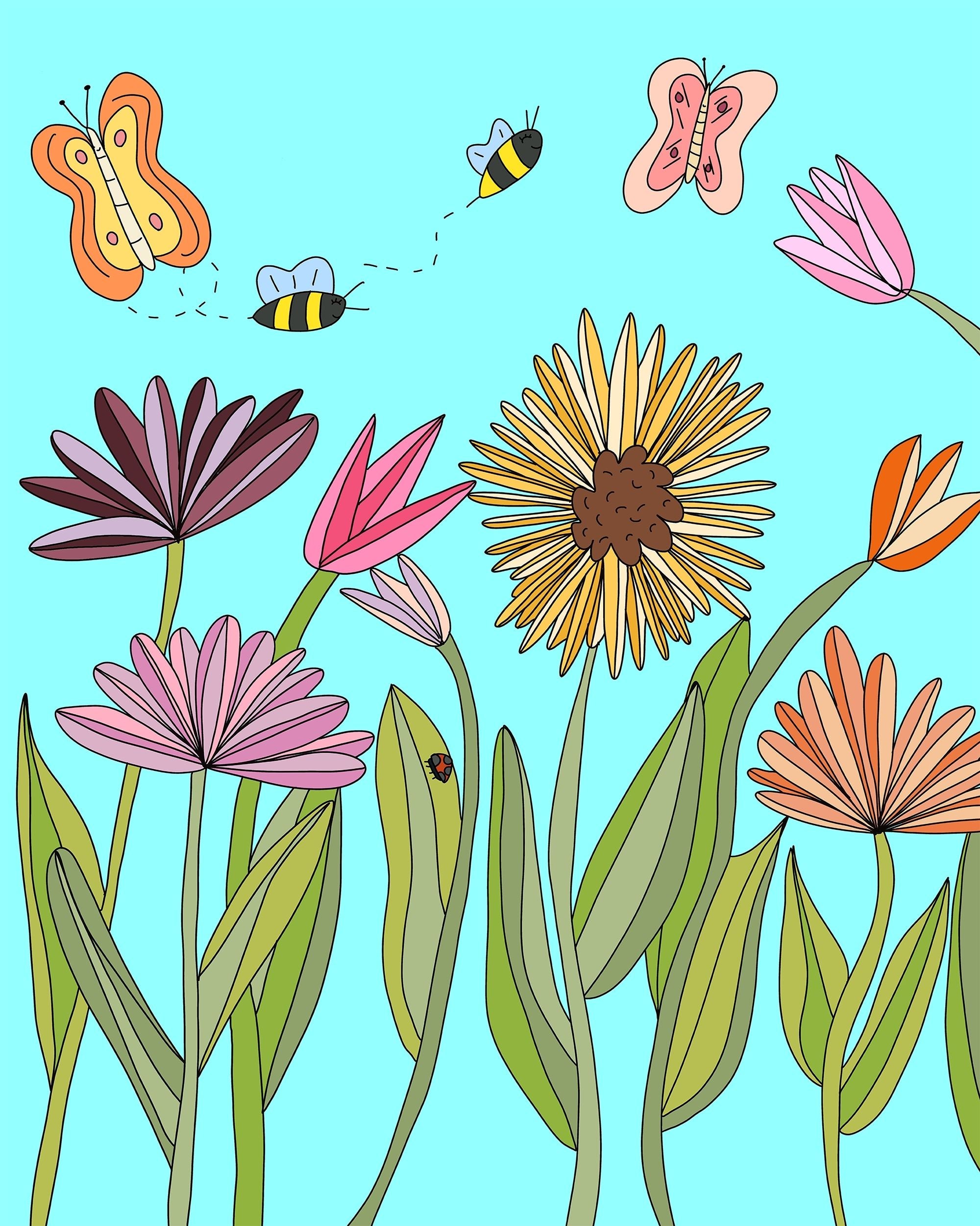 Detalj av Printbydale kunstprintet Vår: fargerike blomster, flygende bier og sommerfugler mot lys blå bakgrunn.