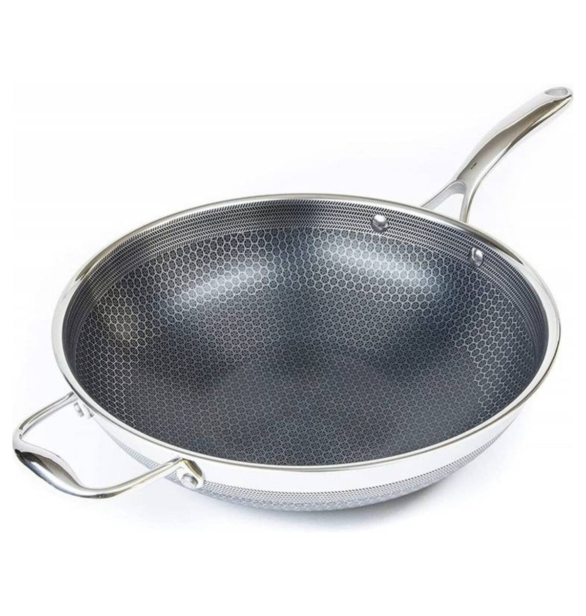 Hexclad wok 30 cm i sølvfarget stål med innvendig honeycomb mønster, stor og solid ettgreps stekepanne