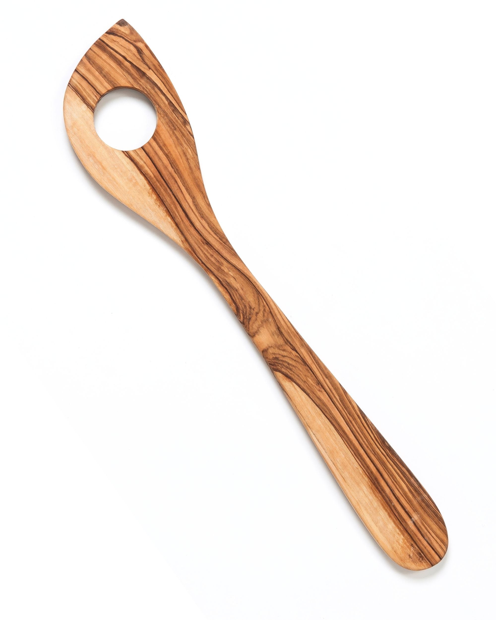 OlivArte røreskje med hull, lys brunt oliventre, elegant korn og mørke striper, lang stilk, oval form