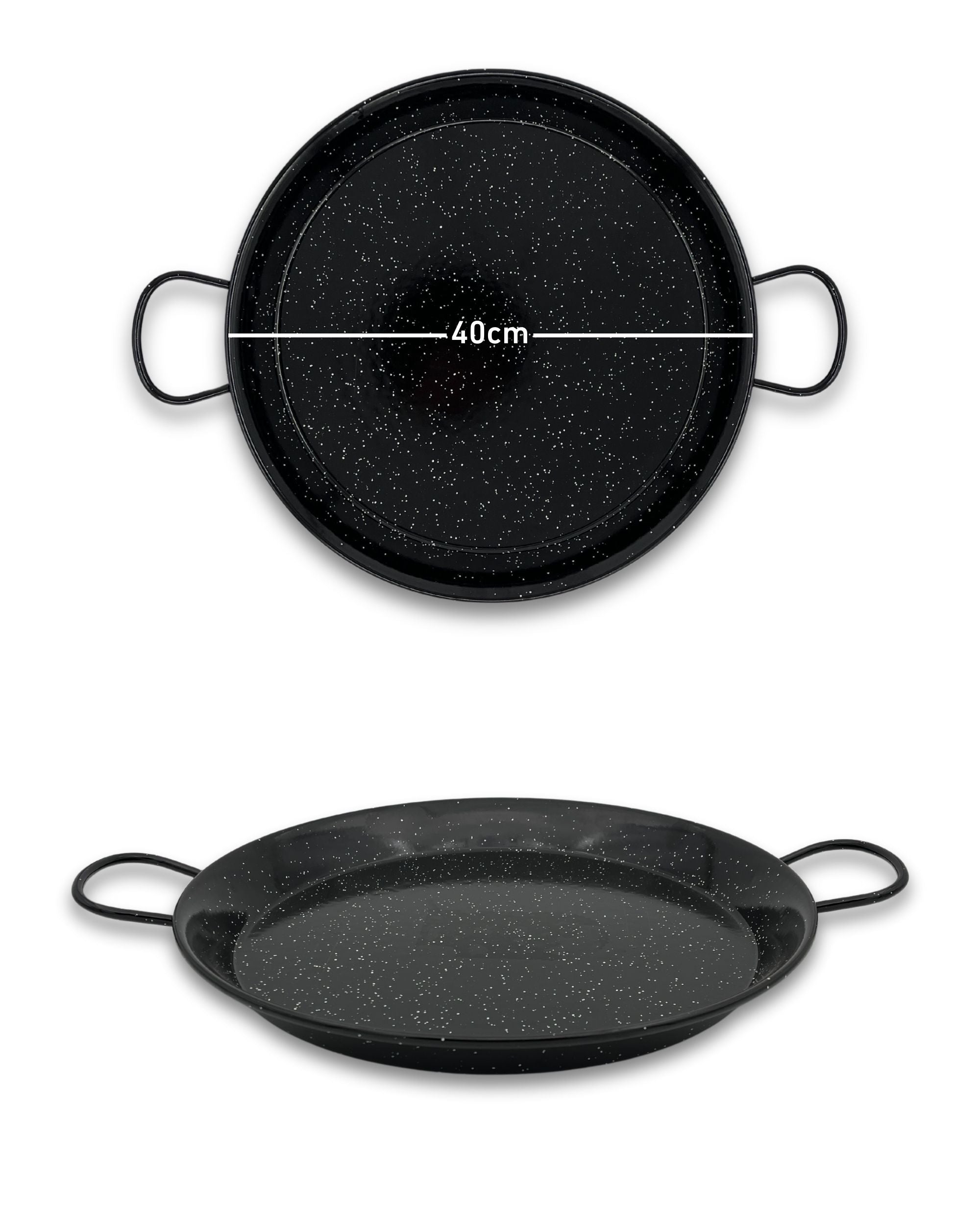 Emaljerte panner med lav kant fra Vaello