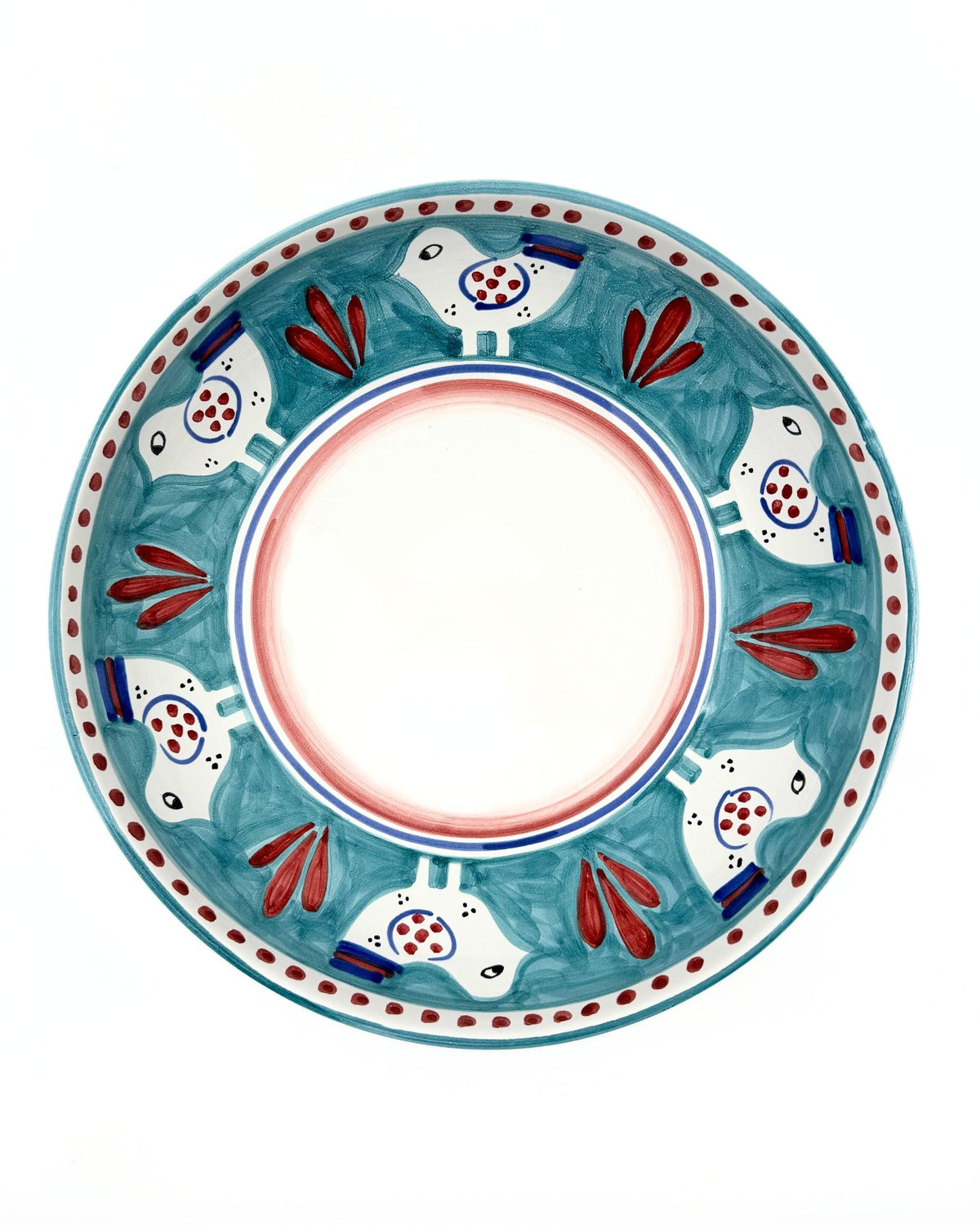 Dipinto Ceramics Amalfi bolle, kanten i turkis håndmalt keramikk med hvite fugler, røde blader og prikker.