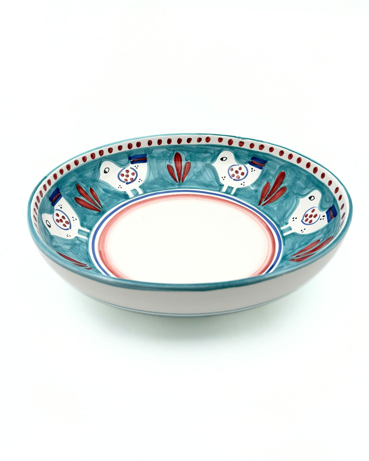 Dipinto Ceramics Amalfi bolle, detalj av den turkise kanten med fugle- og grenmønster, rødbrun prikkekant