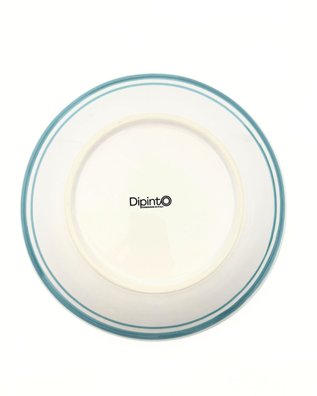 Baksiden av Dipinto Ceramics Amalfi bolle med turkise striper og produsentlogoen Dipinto, Handmade in Italy