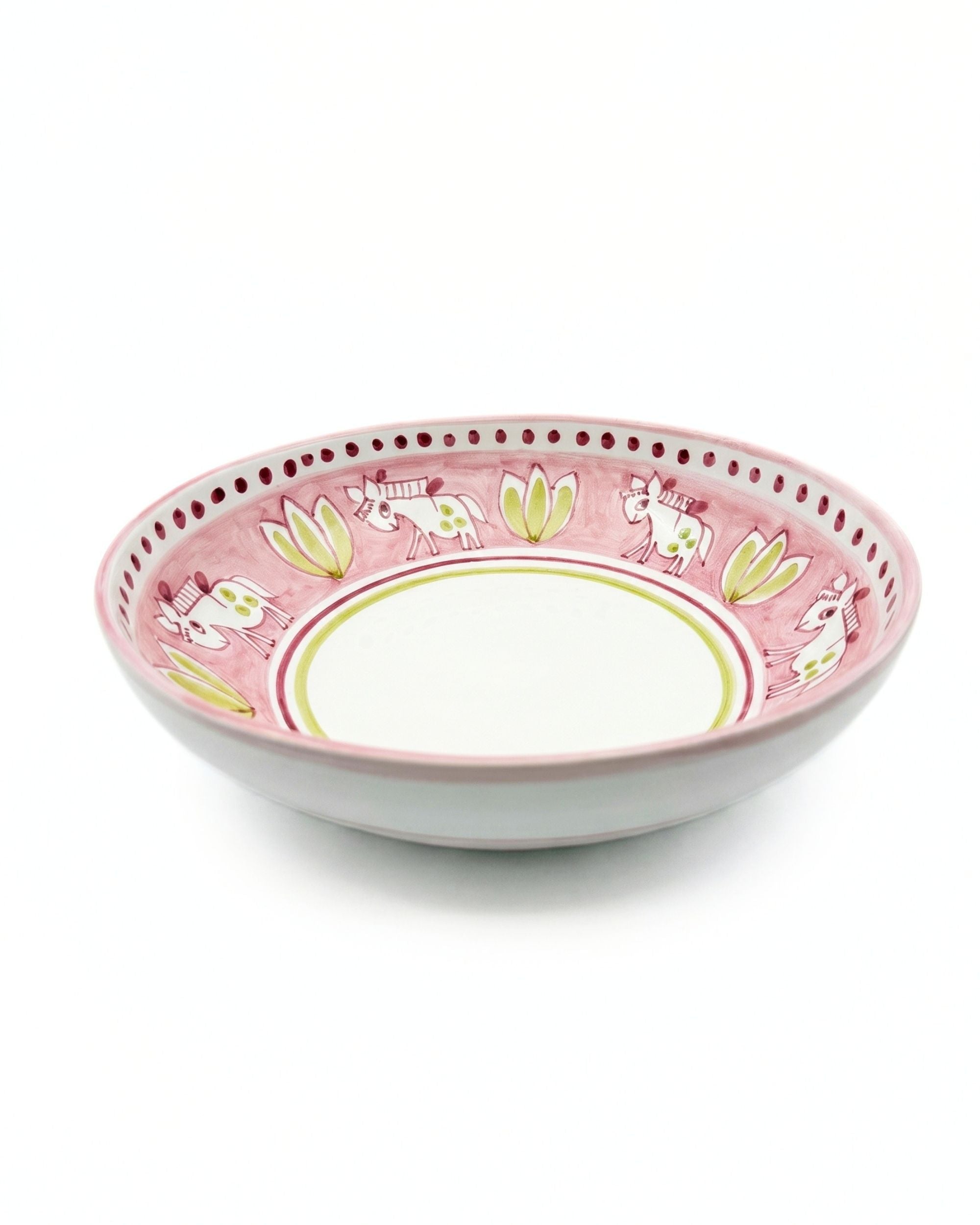 Dipinto Ceramics Amalfi bolle 30cm, rosa med grafisk mønster av hvite hester og grønne blader, rød kant