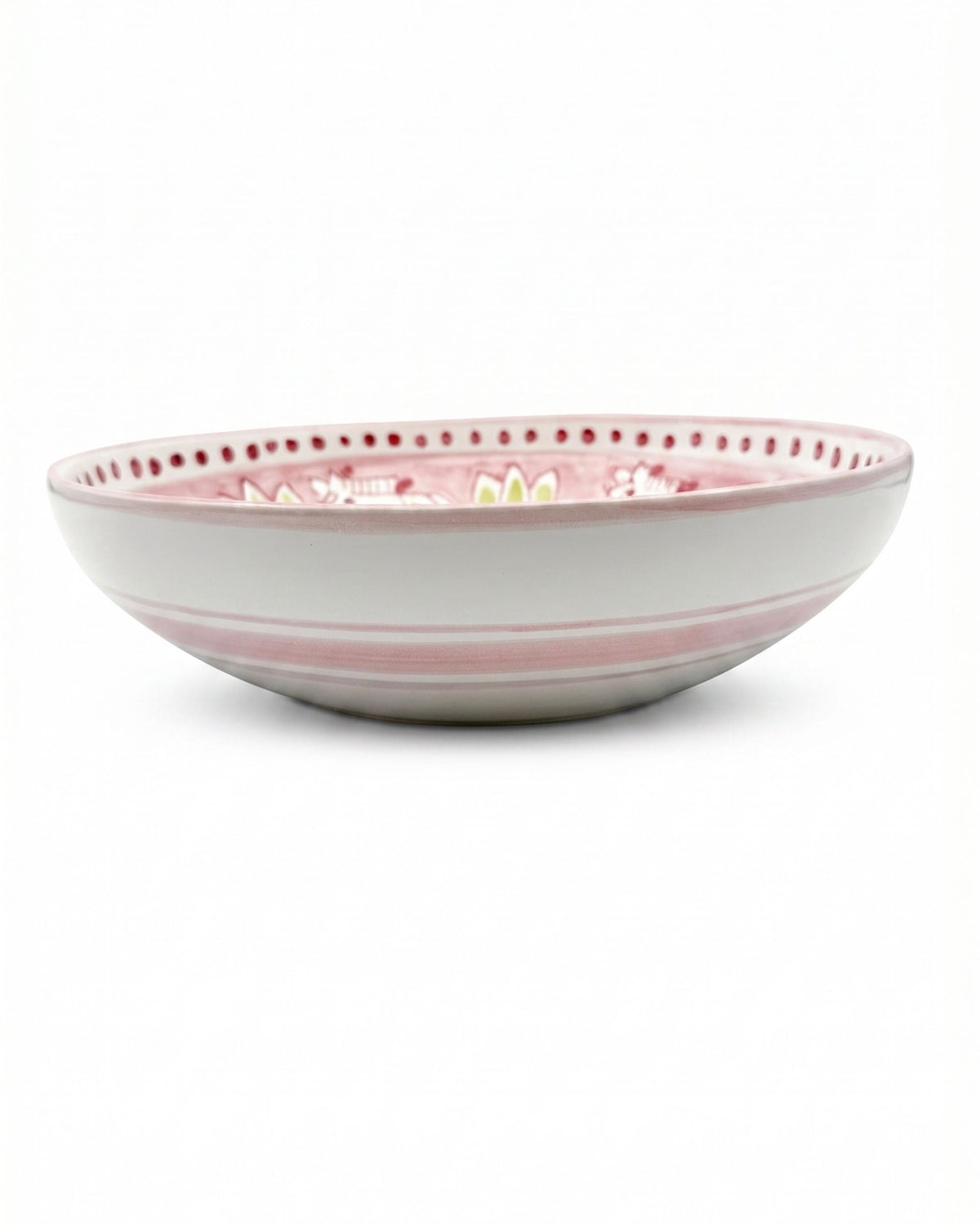 Dipinto Ceramics Amalfi bolle, detalj av rosa mønster med prikker og blomster på innside, hvite striper utvendig