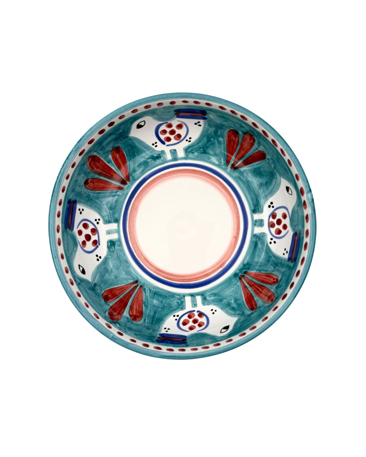 Dipinto Ceramics Amalfi-bolle 18cm med håndmalt turkis bakgrunn, hvite fugler med røde vinger og prikker.