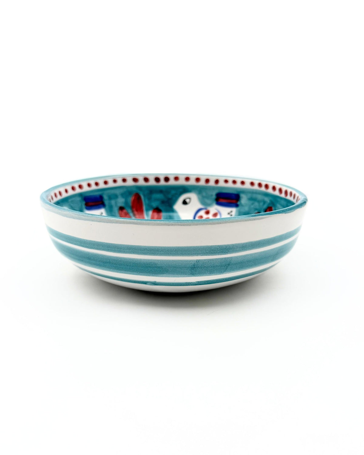 Dipinto Ceramics Amalfi bolle, detalj av turkise og hvite striper, med håndmalt dekor inni kanten med røde prikker, blomster