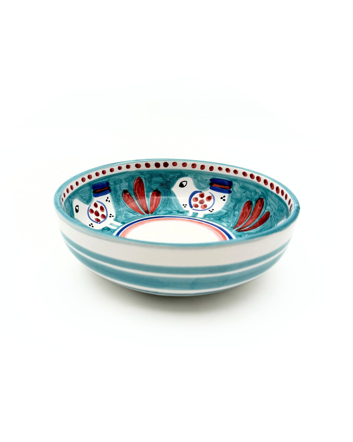 Dipinto Ceramics Amalfi Medium Bolle sidevinkel, turkis kant med rødt fuglemotiv og hvite striper