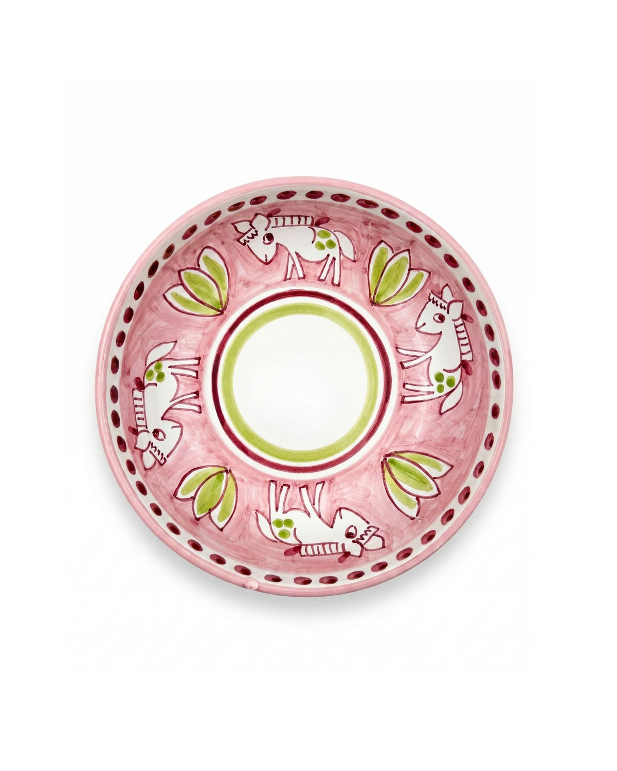 Dipinto Ceramics Amalfi bolle, detalj av håndmalt, rosa keramikk med grønne og hvite hester, prikkete kant