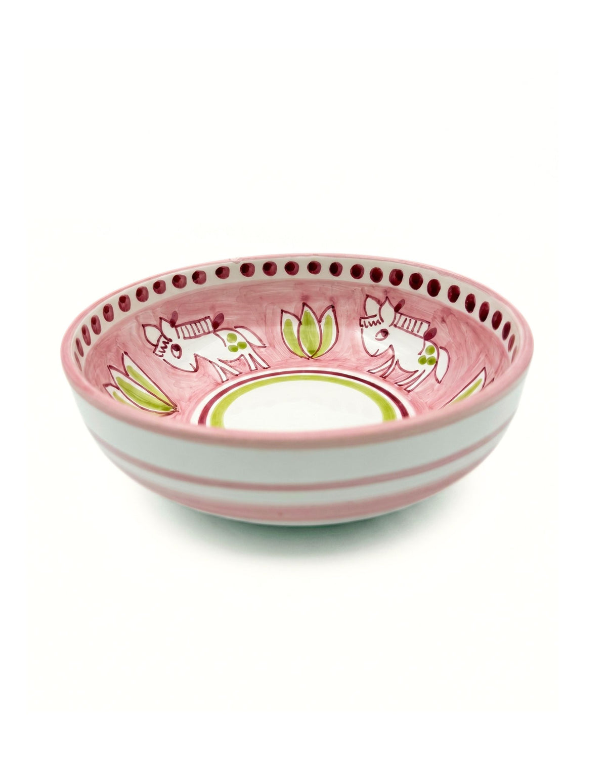 Dipinto Ceramics Amalfi medium bolle i hvit keramikk, rosa kant med hestemotiv, grønne blader og vinrøde prikker