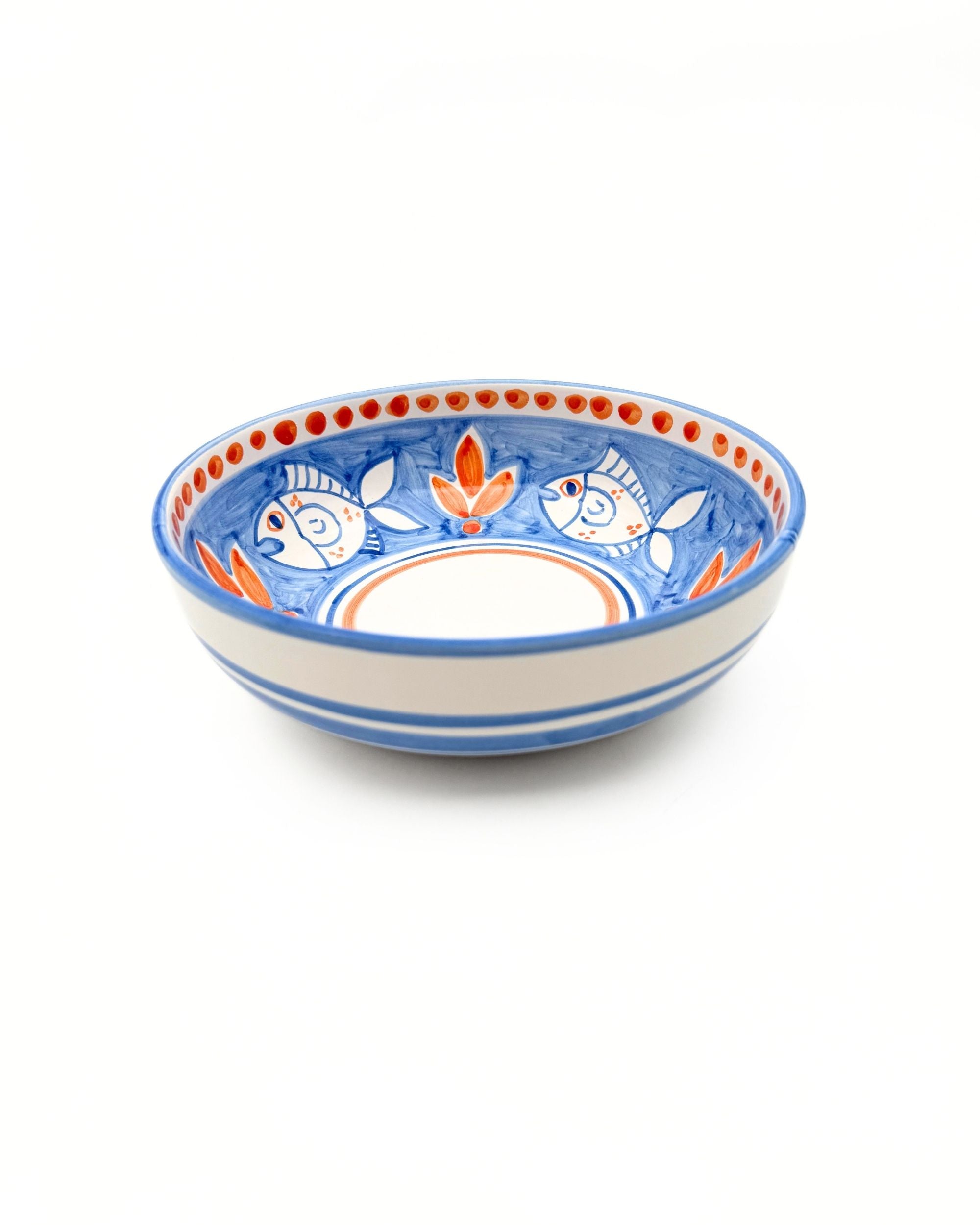Dipinto Ceramics Amalfi Medium Bolle, hvit/blå keramikk med sjøgrønt/oransje fiskemønster og rød kant