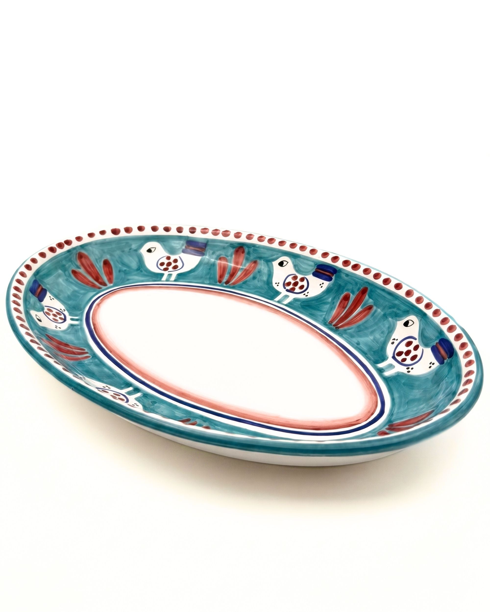 Dipinto Ceramics, Amalfi Ovalt Fat 40cm, håndmalt keramisk fat med lekne fugler på turkis kant, rød senterbord