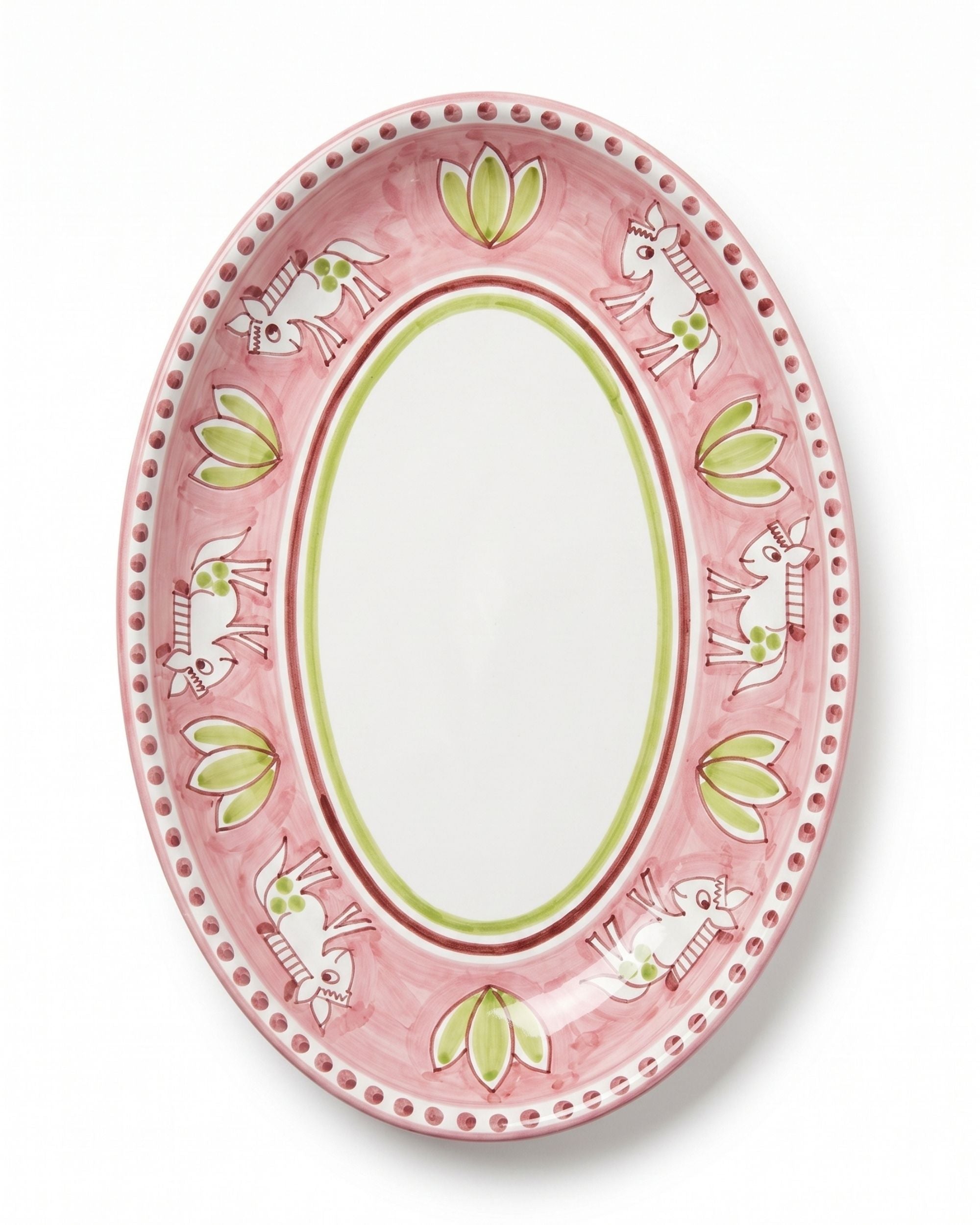 Dipinto Ceramics Amalfi Ovalt Fat 40cm, håndmalt rosa keramikk med hvite hester, grønne blader og vinrøde striper