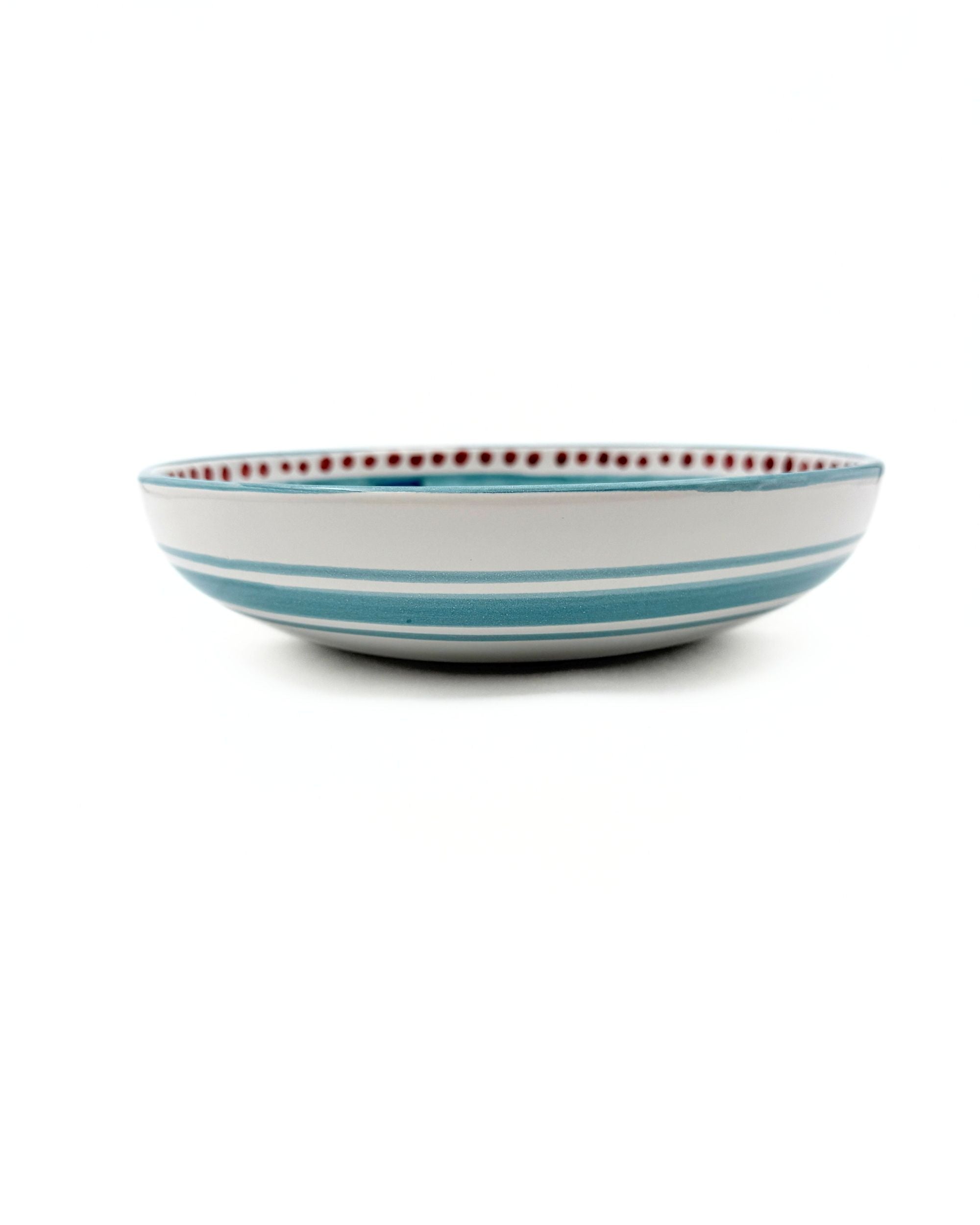 Dipinto Ceramics Amalfi pastabolle, hvit med blå striper og rød prikkekant