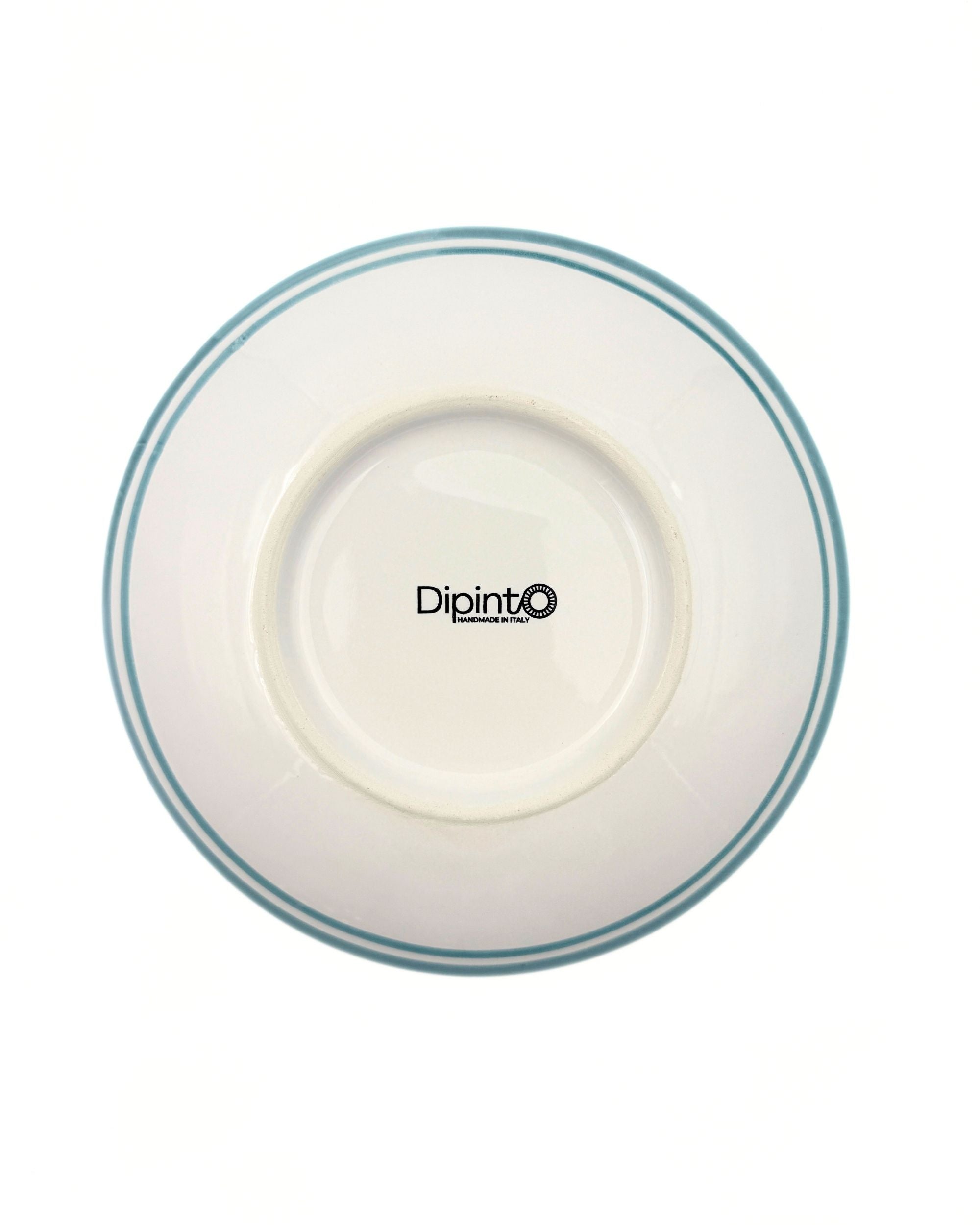 Dipinto Ceramics Amalfi-pastabolle, underdel med turkise ringer, Dipinto-logo og Handmade in Italy-trykk
