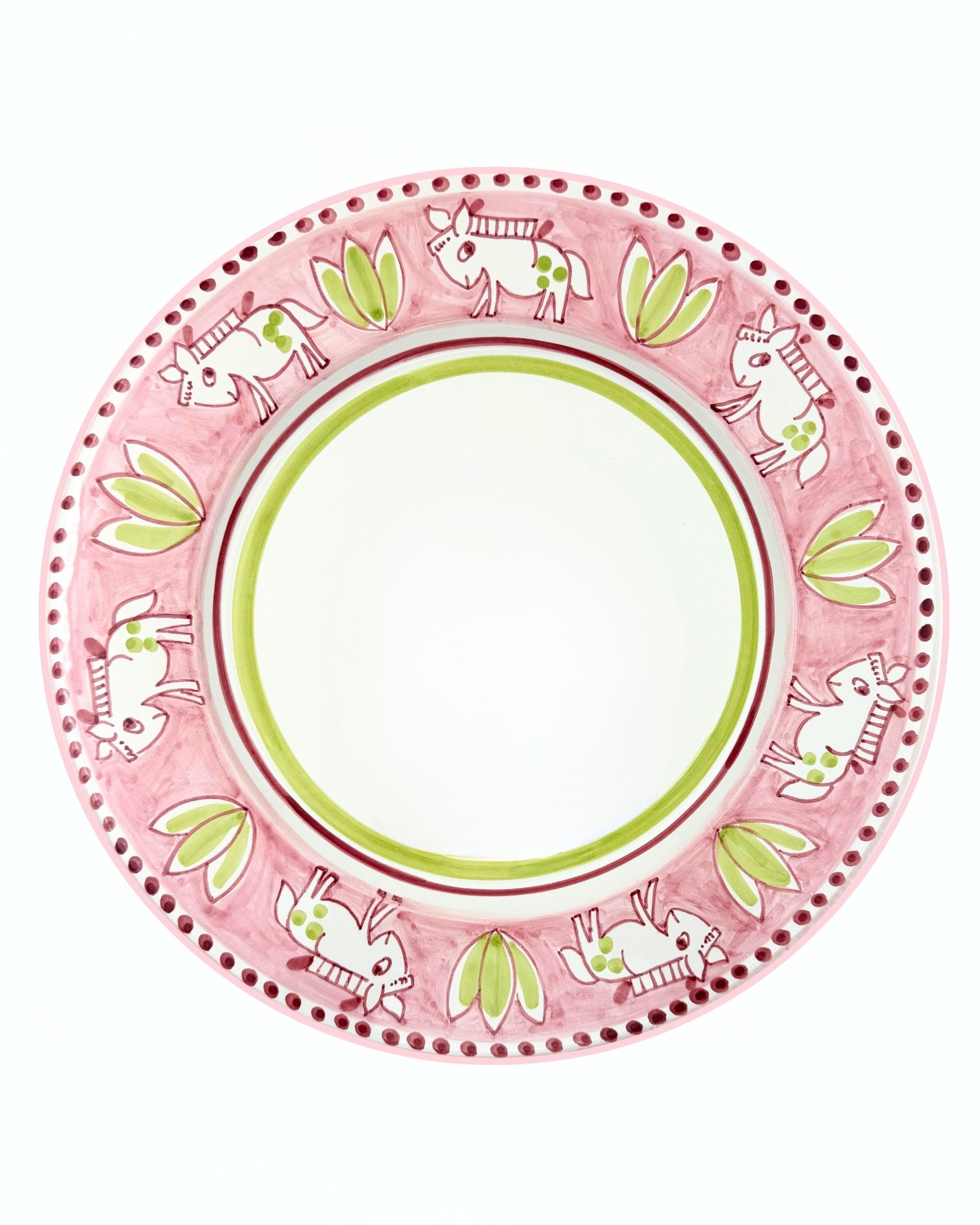 Dipinto Ceramics Amalfi rundt fat, detalj av håndmalt, spillende eselmønster i hvitt og grønt på rosa