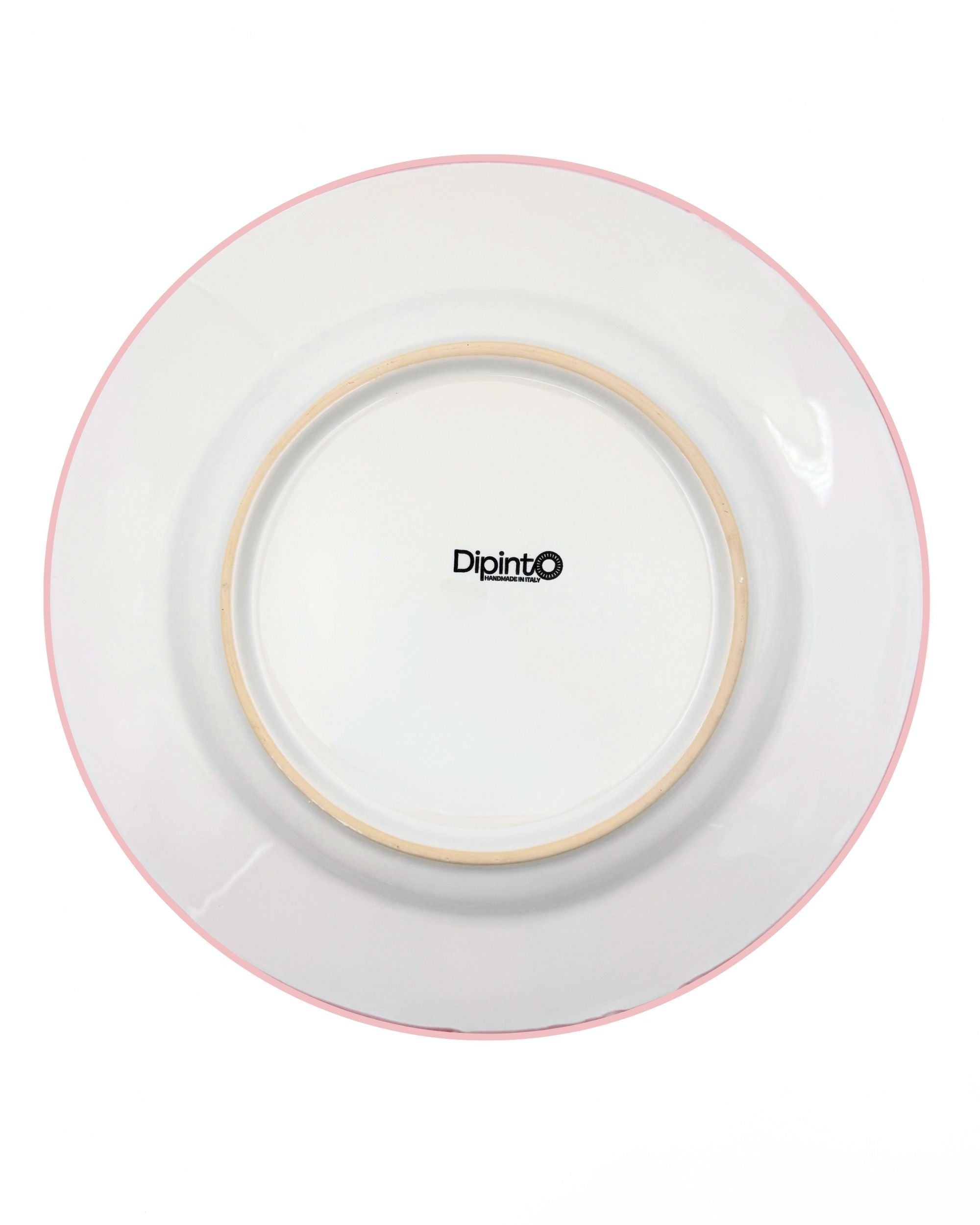 Dipinto Ceramics Amalfi rundt fat, underkant med rosa kant, synlig merke og porselenets rå overflate