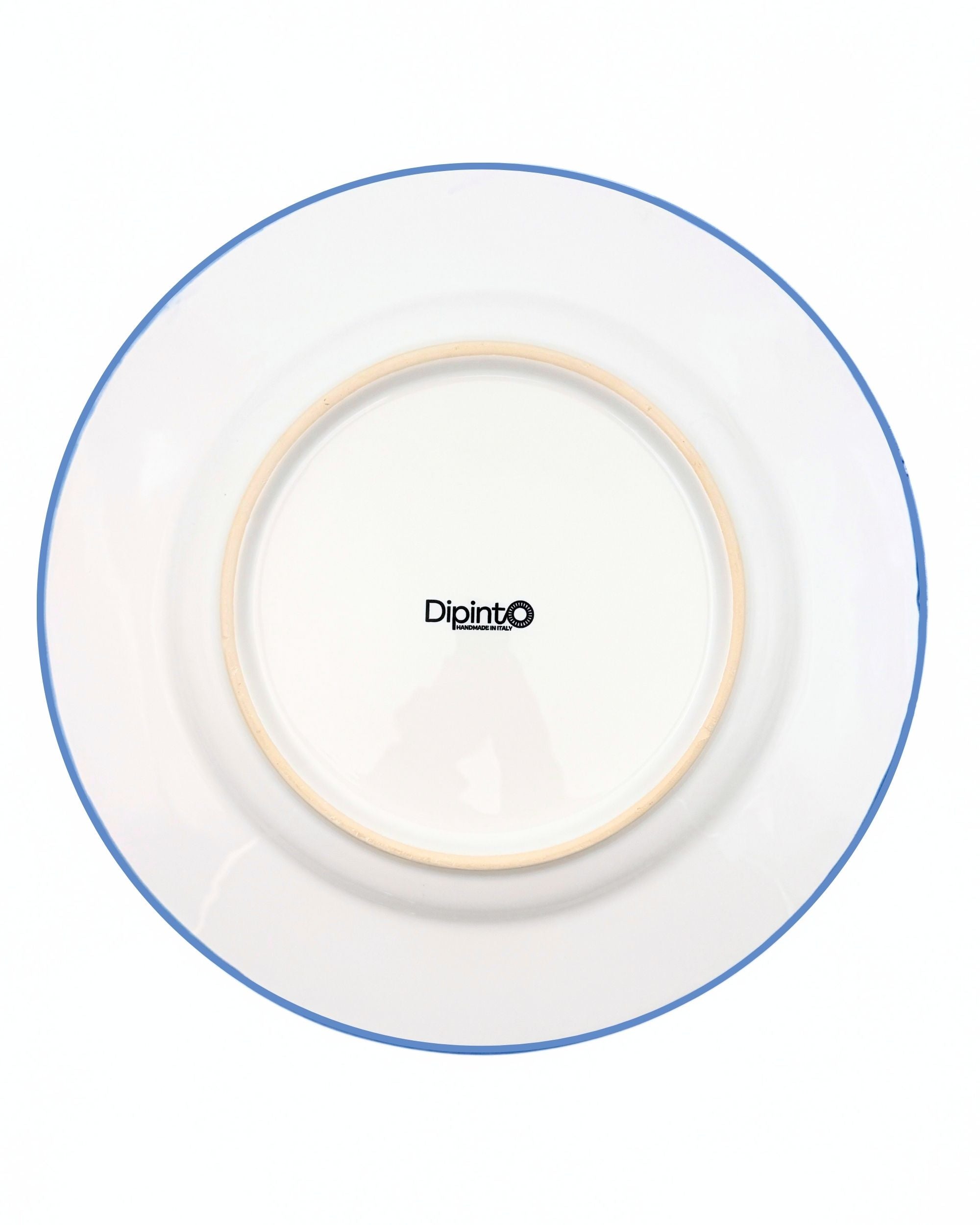 Dipinto Ceramics Amalfi rundt fat, underside i hvit keramikk med blå kant og Dipinto-logoen midt på