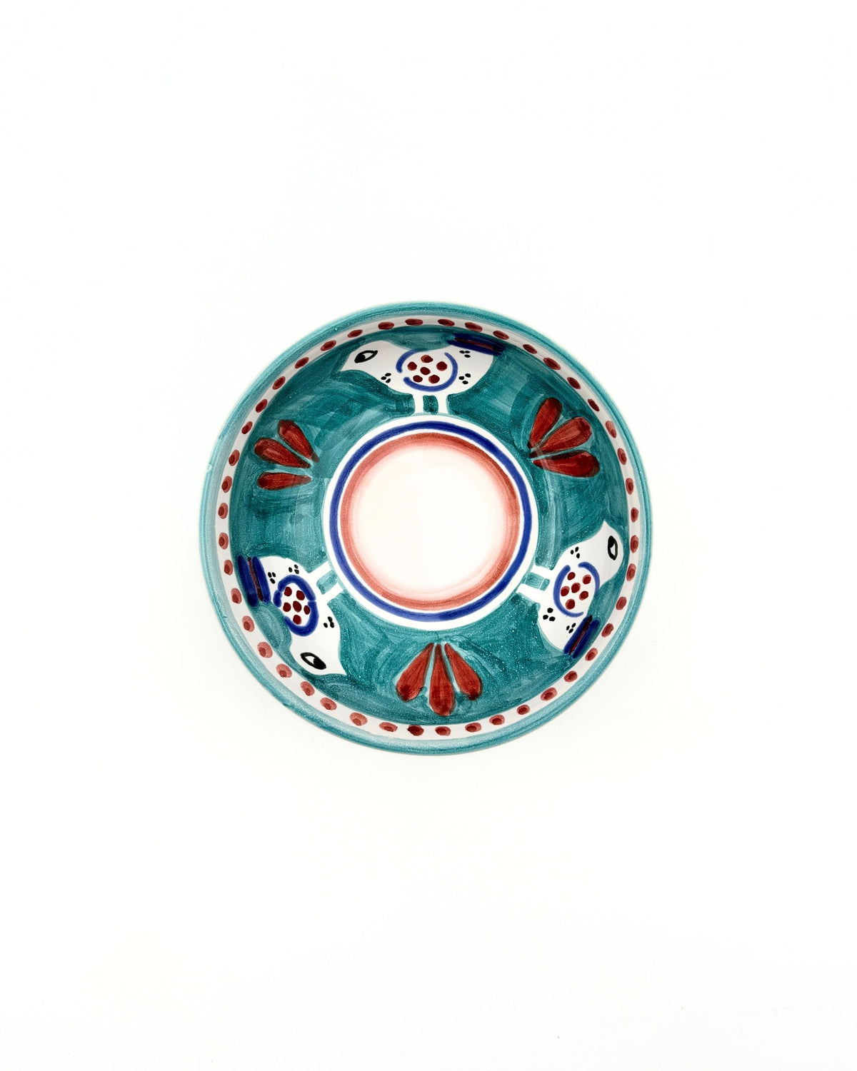 Dipinto Ceramics Amalfi Liten Bolle 13cm, oversiktsbilde av turkis bolle med håndmalt fugle- og blomstermønster i rødt