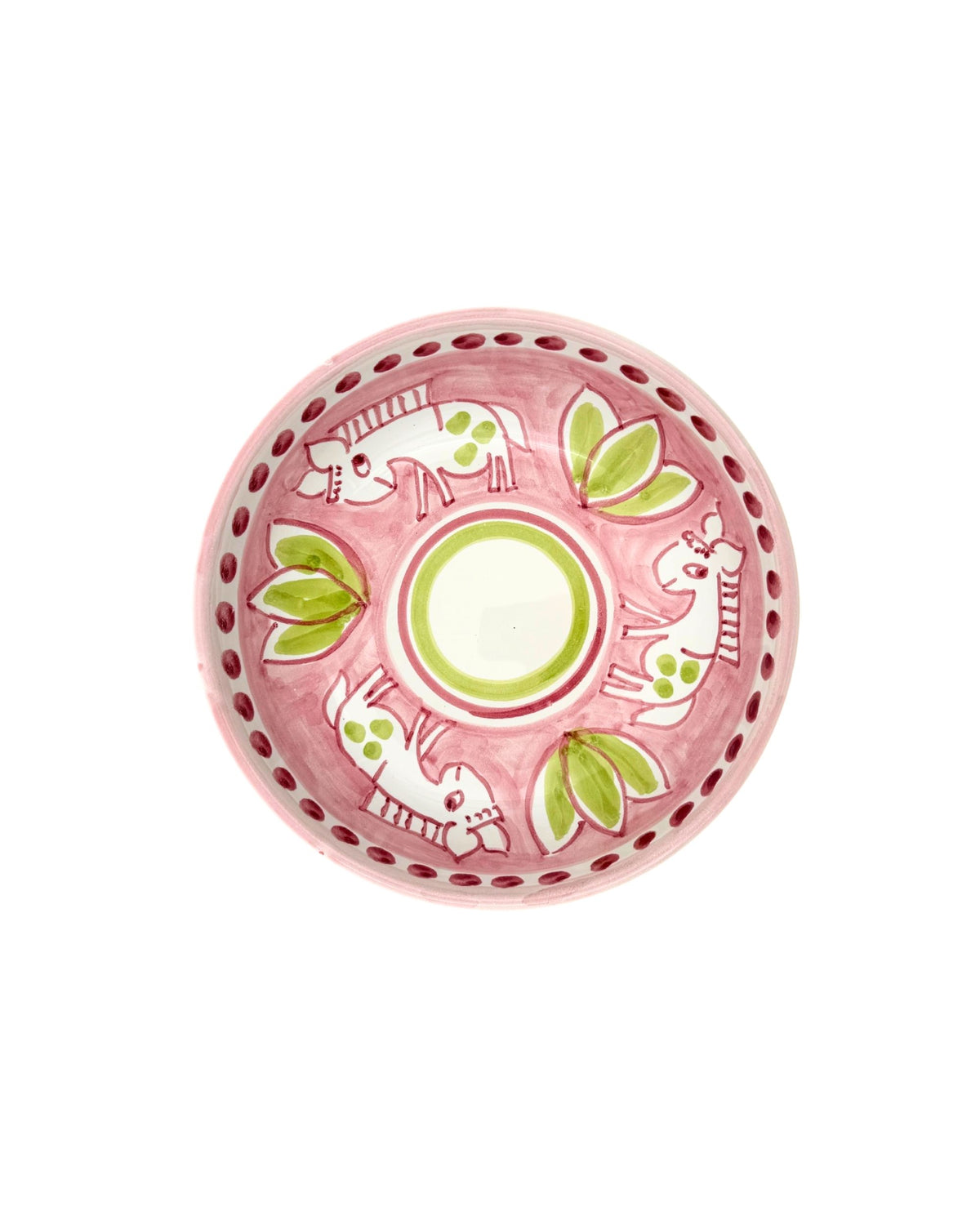 Dipinto Ceramics Amalfi liten bolle med mørkrosa bakgrunn, håndmalt grønt bladmønster og hvite dyr, rød kant