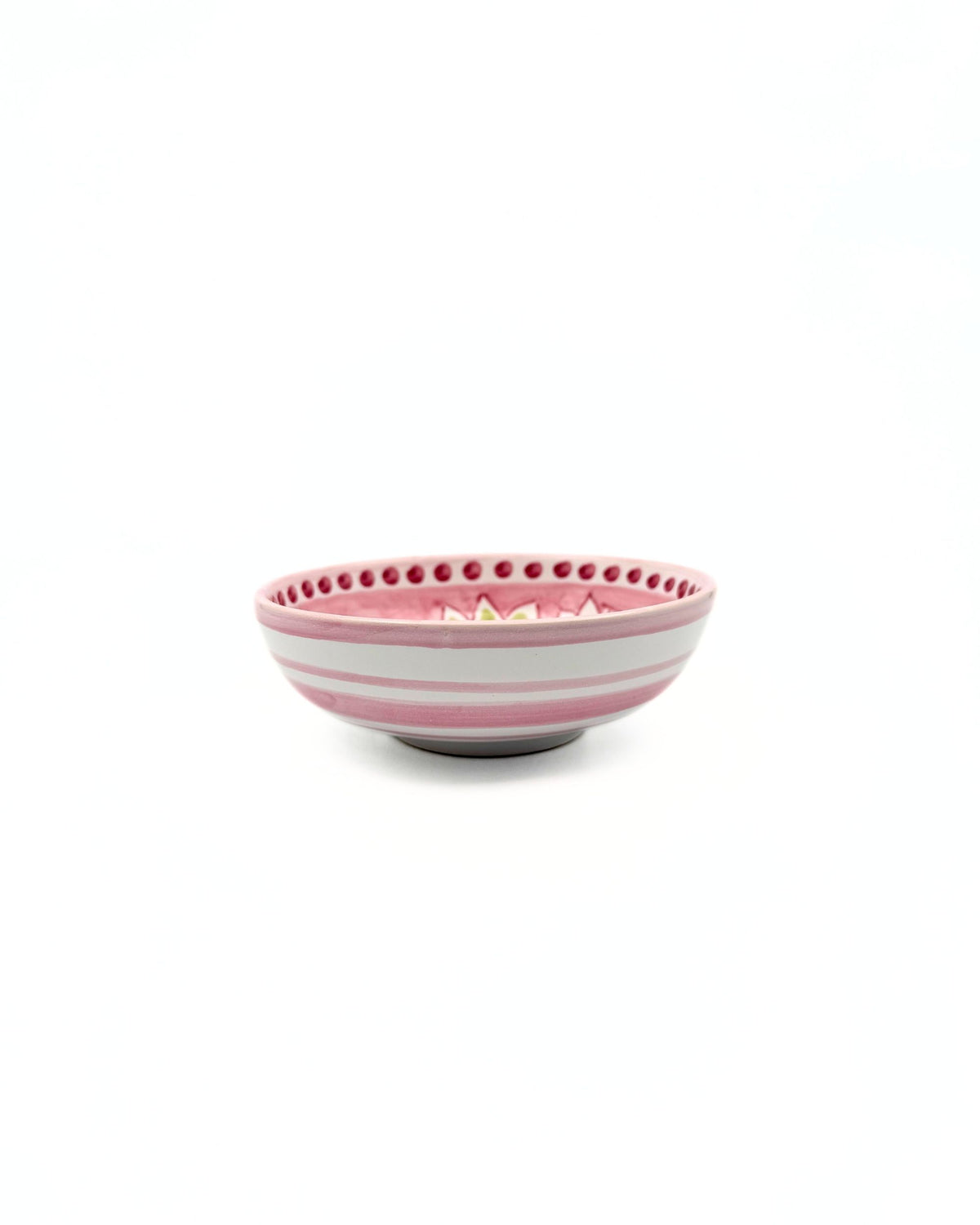 Dipinto Ceramics Amalfi liten bolle i keramikk, rosa og hvit stripete med hvit flekkemønster på rosa kant