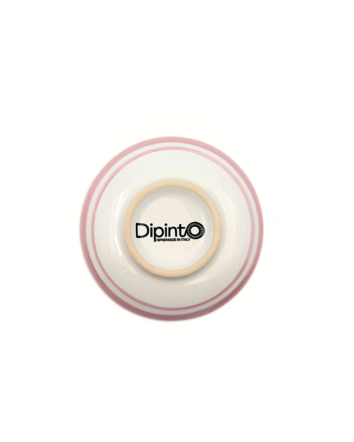 Dipinto Ceramics Amalfi liten bolle, detalj underside med lysebrun bunn, rosa striper og logo