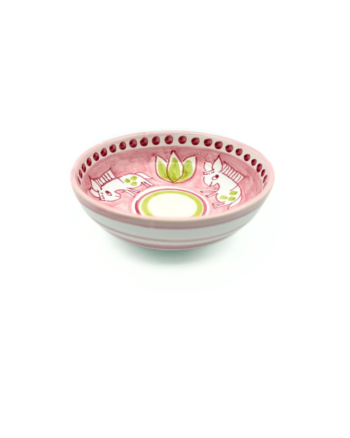 Dipinto Ceramics Amalfi liten bolle med rosa glasur, håndmalt mønster med hester og lotusblomstdetaljer.