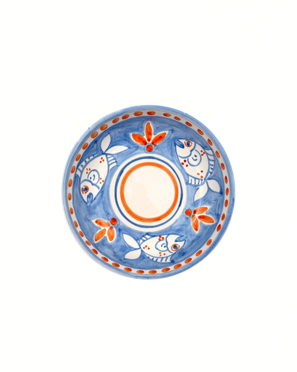Dipinto Ceramics, Amalfi bolle 13cm, hvit med blå bølger og oransje sjøstjerner/prikker, fire hvitstripete fisker
