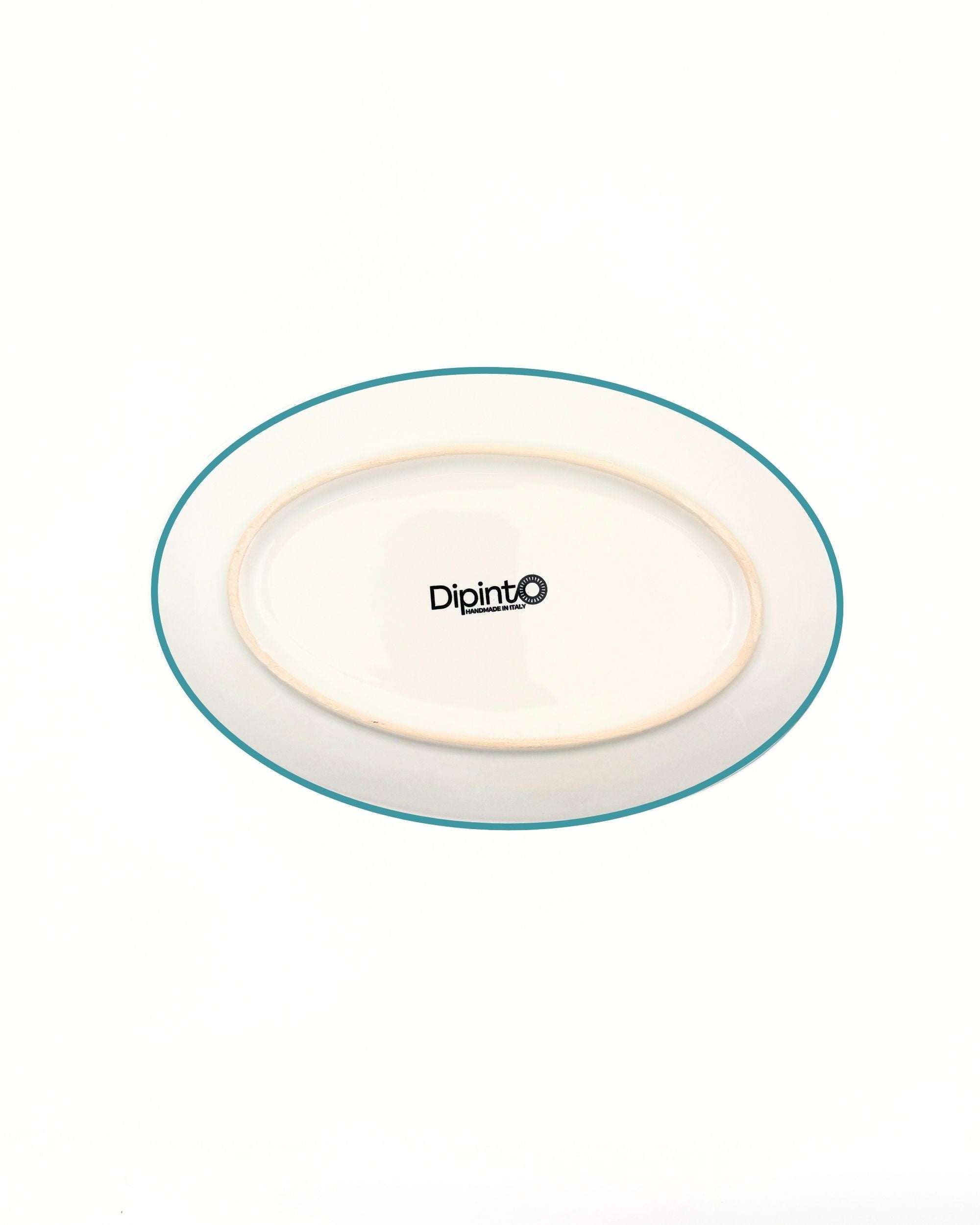 Dipinto Ceramics Amalfi Ovalt Fat bakside, hvit keramikk med turkis kant og beige rå kant, svart logo