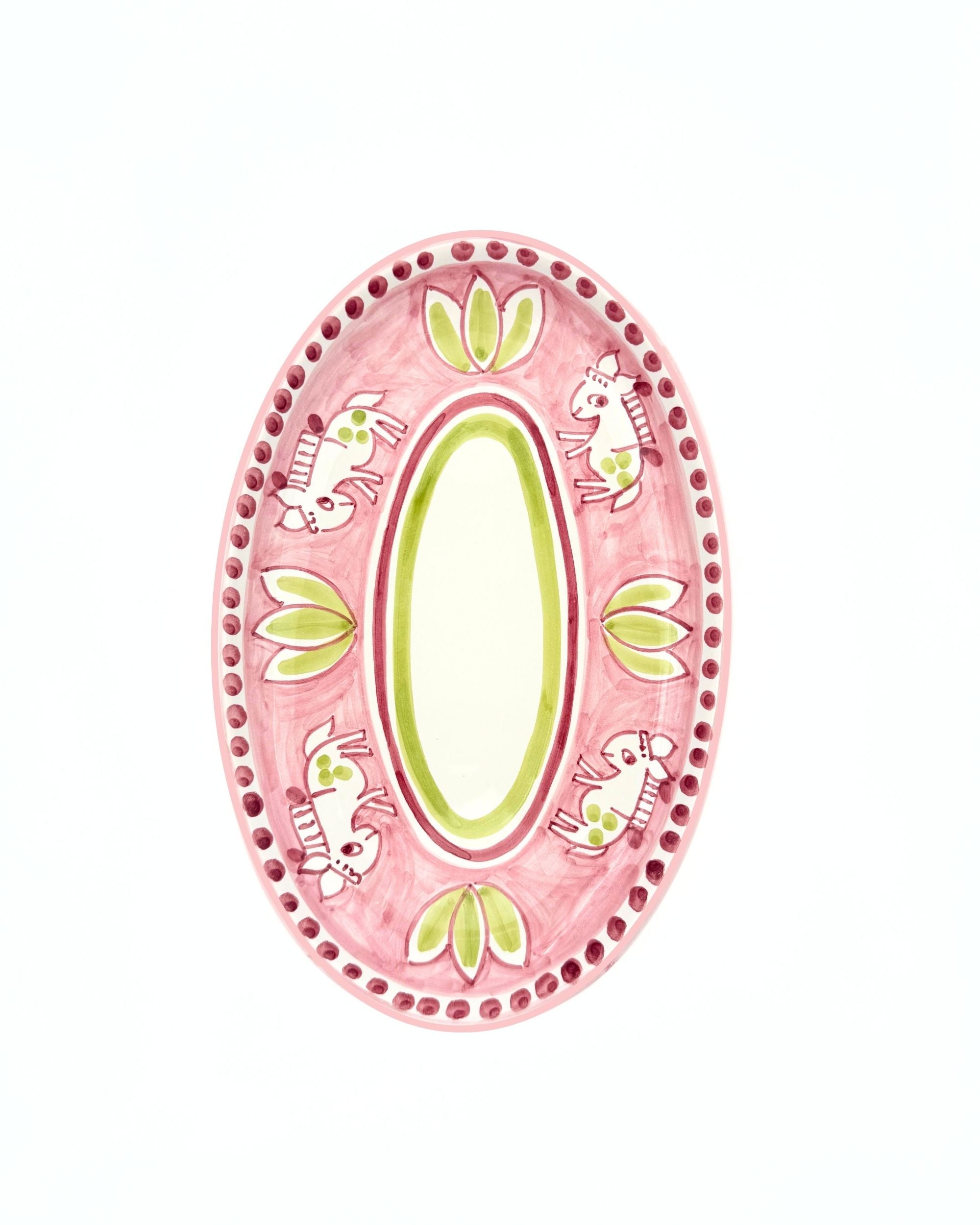 Dipinto Amalfi ovalt fat, detalj i rosa keramikk med grønne og hvite mønstrede dyre- og blomstermotiver