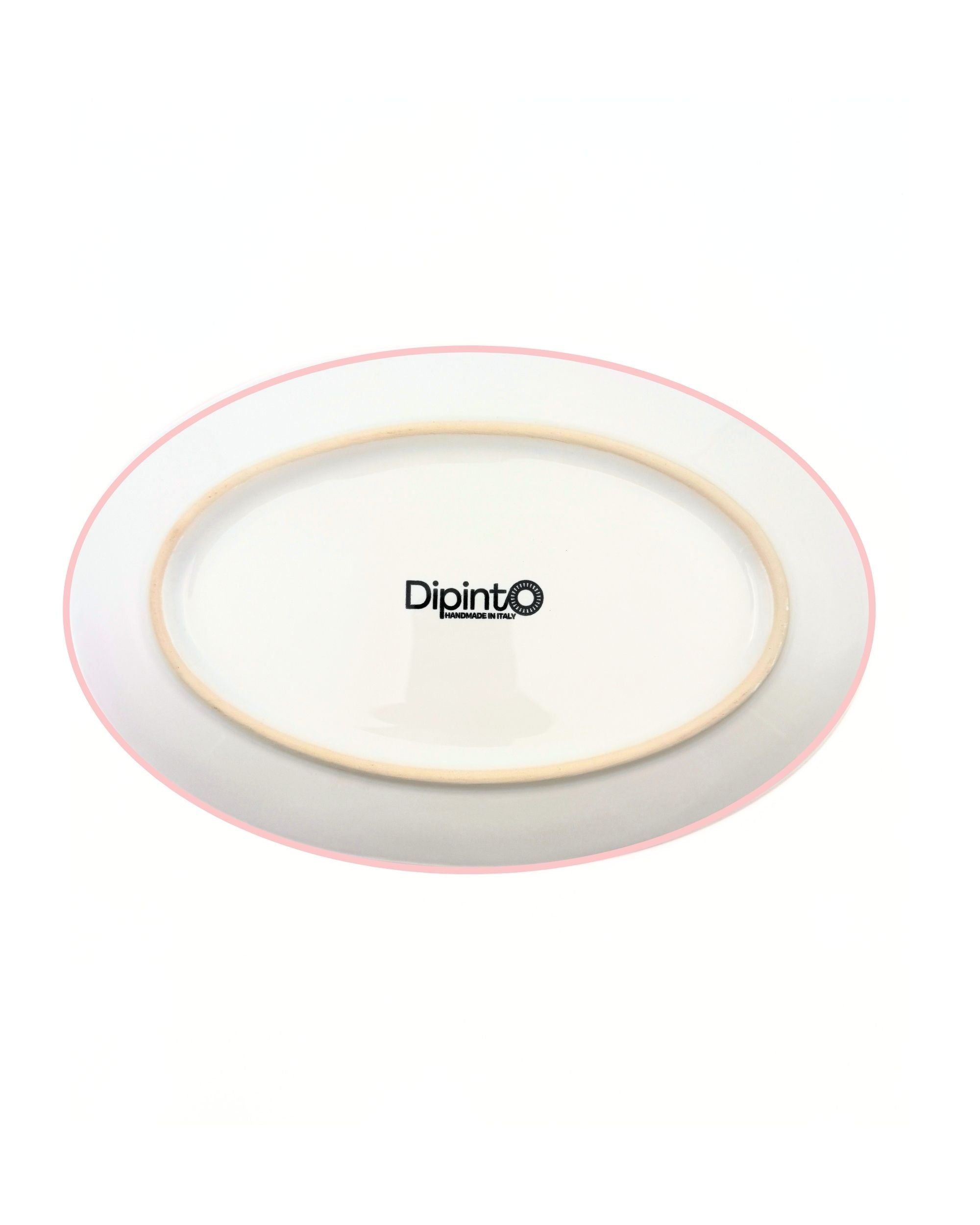 Dipinto Ceramics Amalfi Ovalt Fat: Detaljbilde av bakside med Dipinto logo, rosa kant og uglasert keramikkbunn.
