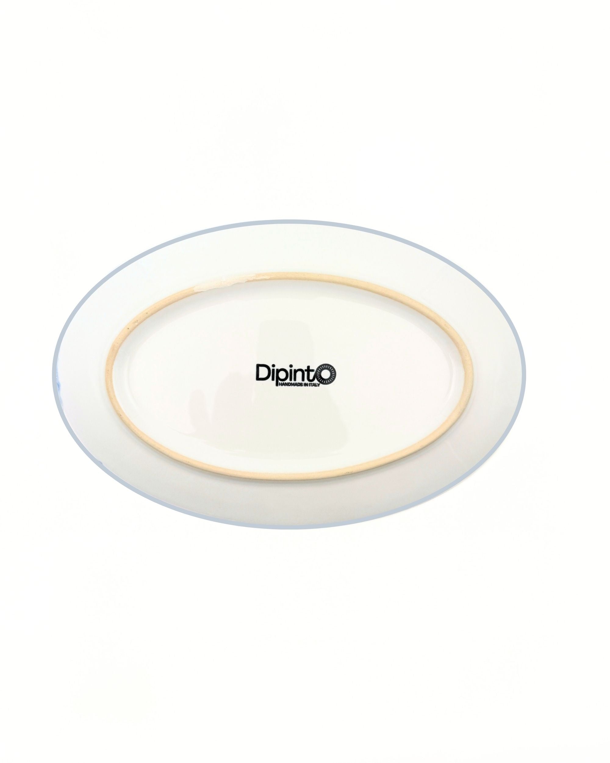 Dipinto Ceramics Amalfi Ovalt Fat underside med synlig signatur og uglasert fotring, hvit keramikk
