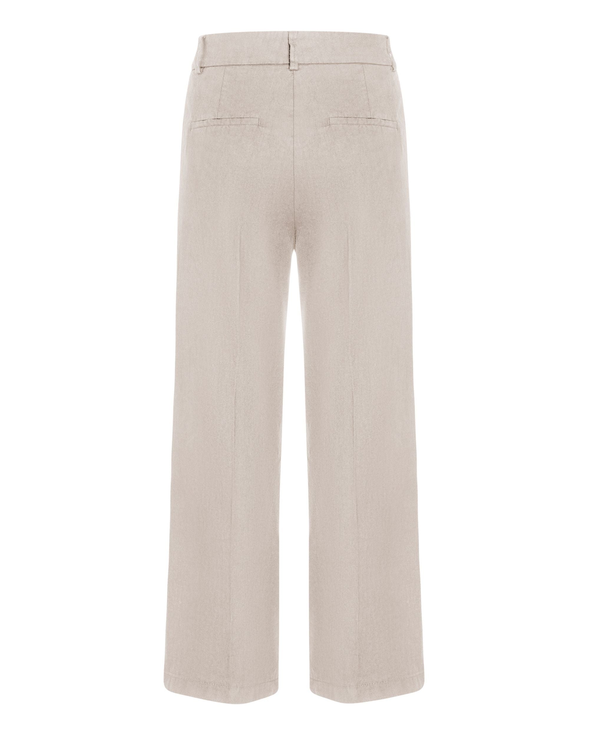 Cambio California Summer Linen bukse bakfra, lys beige linblanding, rette vide ben, skrå passpolerte baklommer
