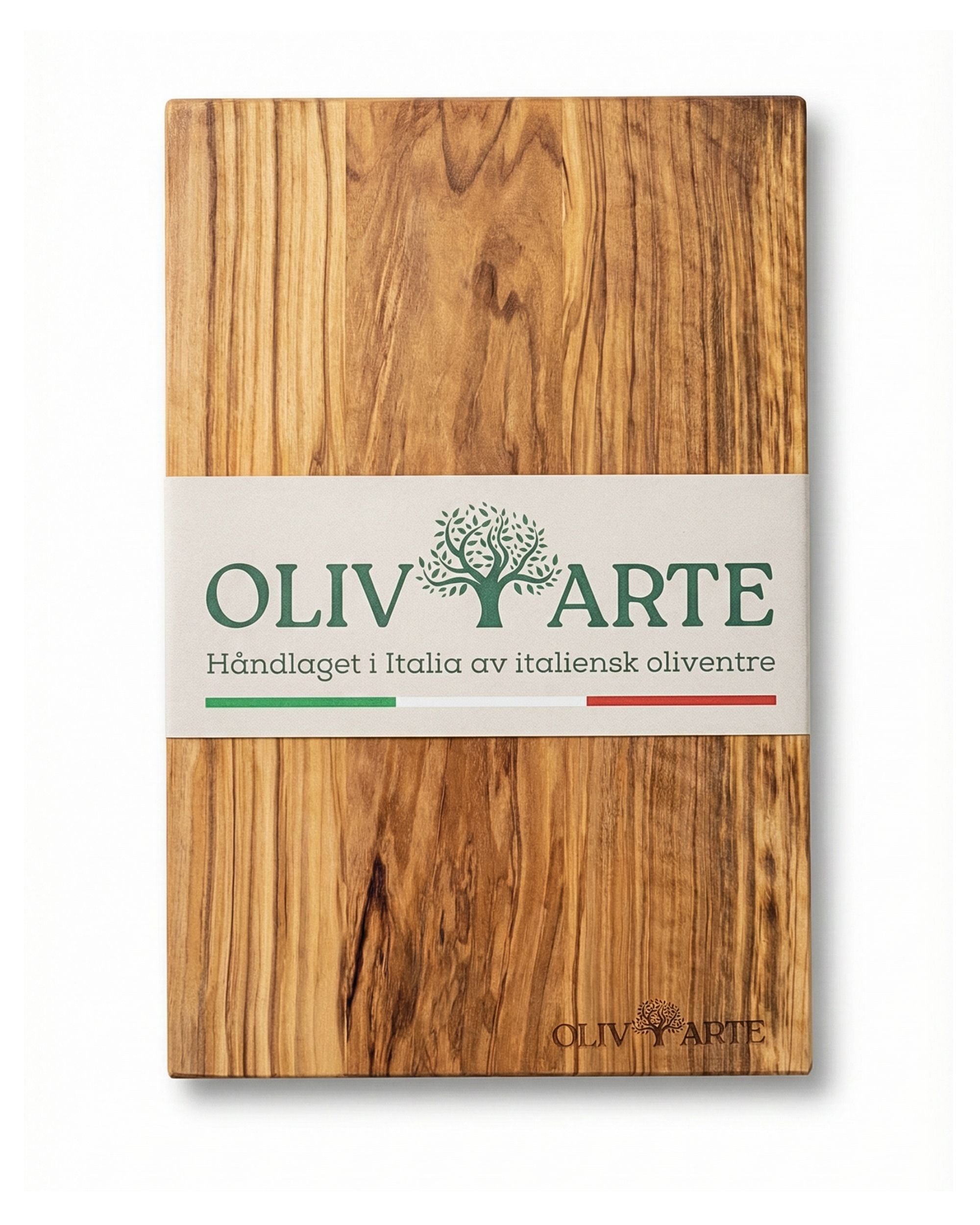 OlivArte skjærefjøl i oliventre, lys brun med mørkere årringer, innpakket med grønt logo bånd