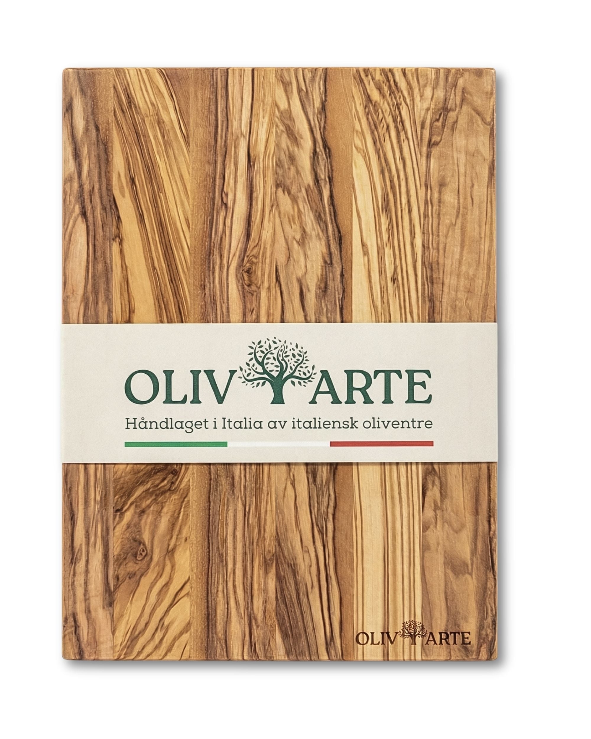OlivArte skjærefjøl i oliventre med variert åremønster og naturlige fargetoner. Markering fra OlivArte-logo.