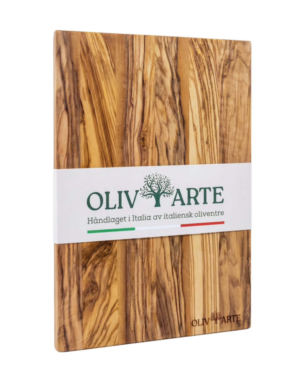 OlivArte tynn skjærefjøl i oliventre, naturlig lyst treverk med mørke årer, hvitt merketikett