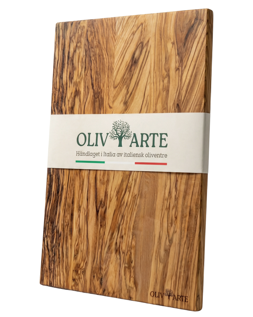 OlivArte tynn skjærefjøl i oliventre, lys brun med synlig årringstruktur, banderole rundt midten med merkevare