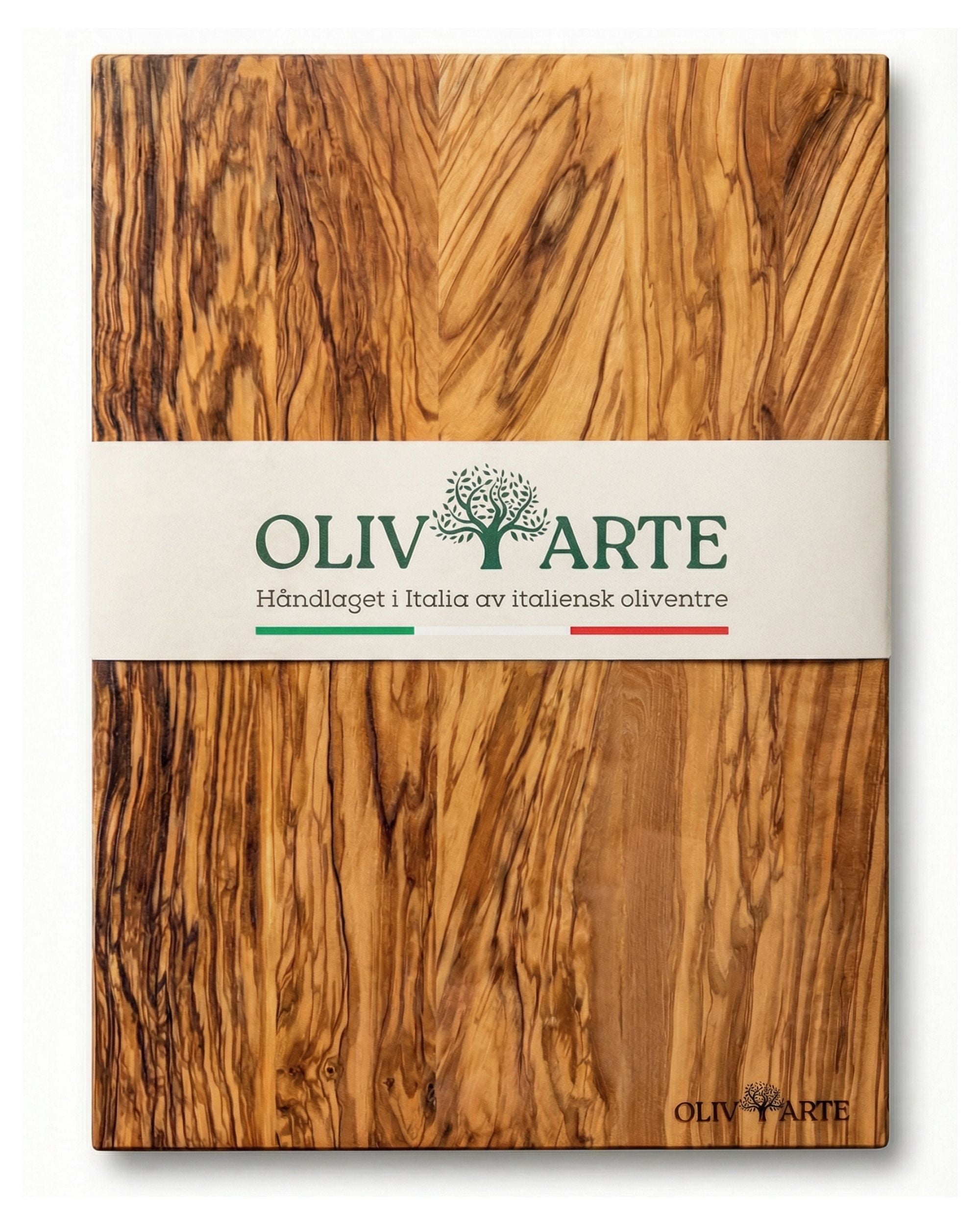 OlivArte skjærefjøl i oliventre sett, detalj av treets mørke og lyse åremønster, papirbånd med logo