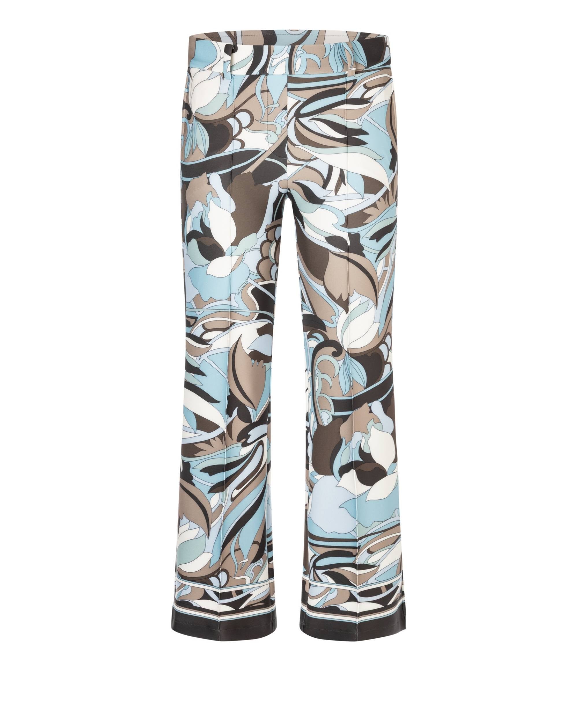 Francoise Cropped Fancy Sky Blue bukse fra Cambio, helfigur. Grafisk blått, hvitt og brunt mønster i 7/8 lengde