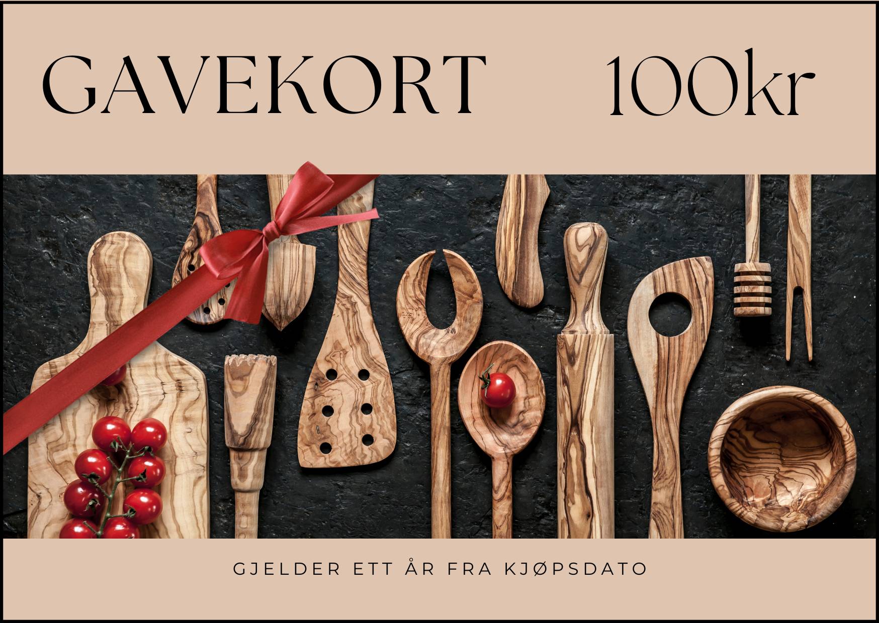 Bettanshus gavekort bakgrunnsbilde med kjøkkenredskaper i oliventreet, dekorert med rød sløyfe og tomater